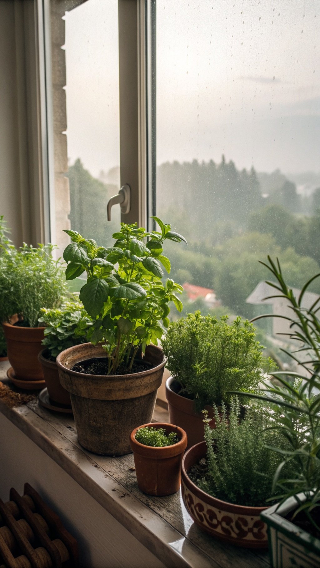 A collection of potted herbs on a windowsill, including basil, thyme, and rosemary, with a misty landscape in the background.