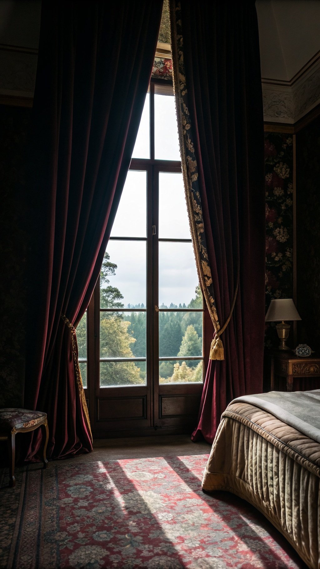 A cozy bedroom with dark velvet drapes framing a window, showcasing a beautiful view of trees outside.