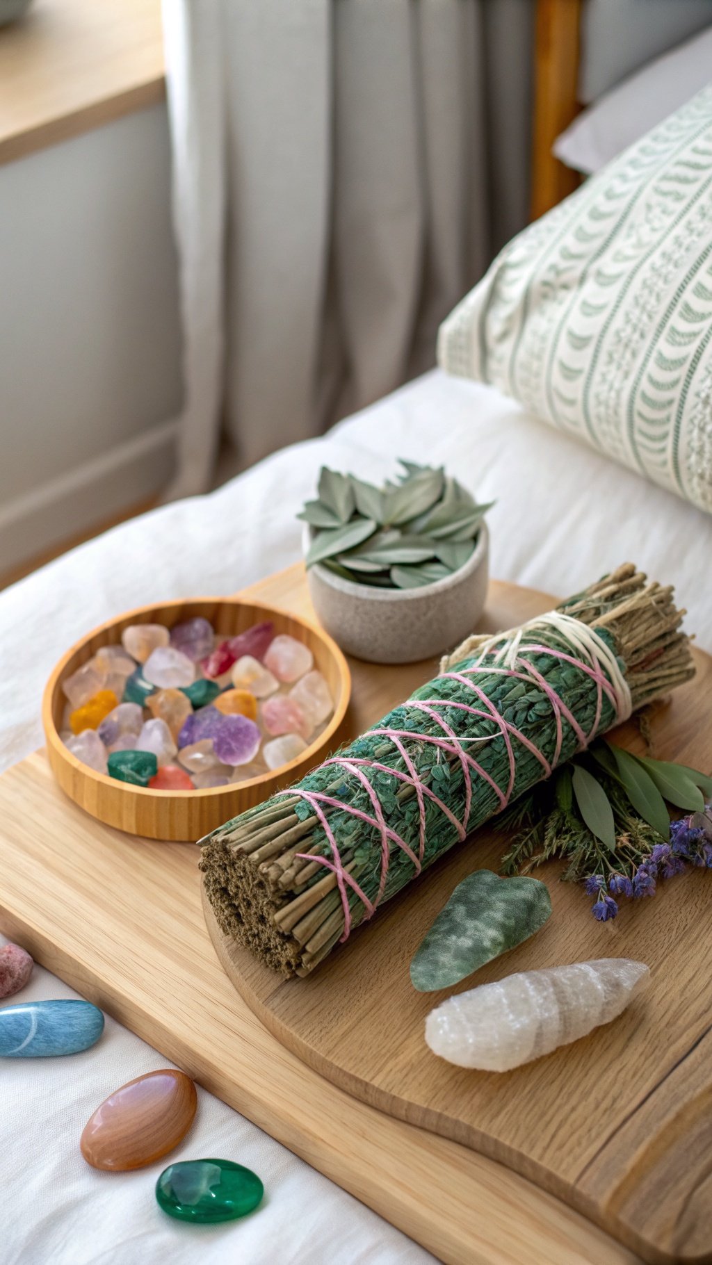 A sage smudging station featuring a sage bundle, colorful crystals, and greenery on a wooden tray.