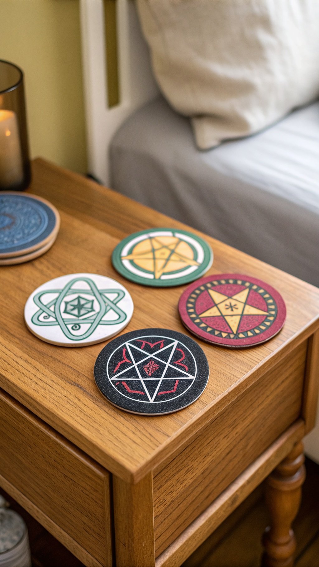 A set of colorful occult symbol coasters on a wooden nightstand next to a candle and a pillow.