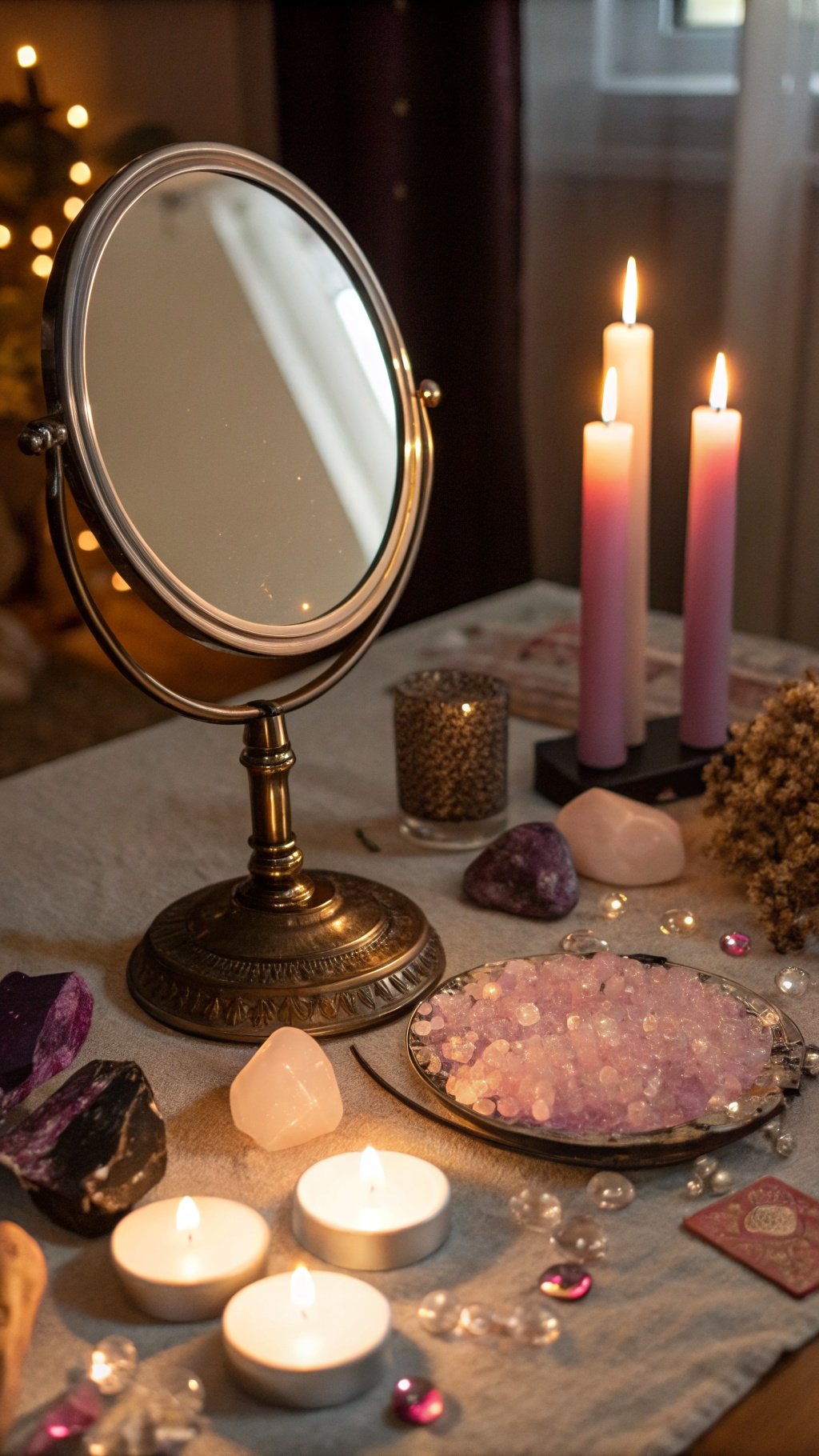 A scrying mirror setup with candles and crystals, creating a mystical atmosphere.
