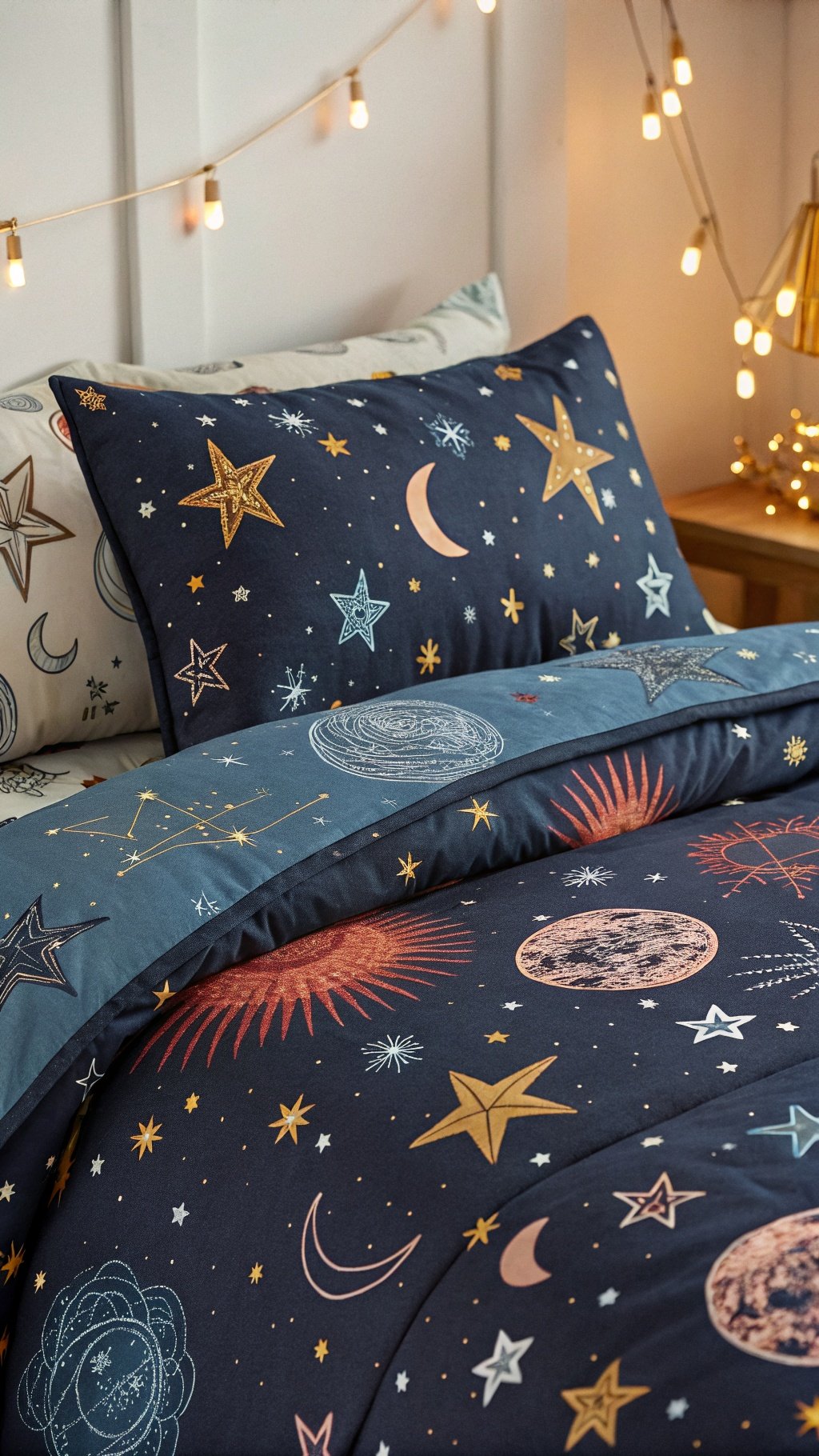 Celestial bedding with stars and moons on a navy background