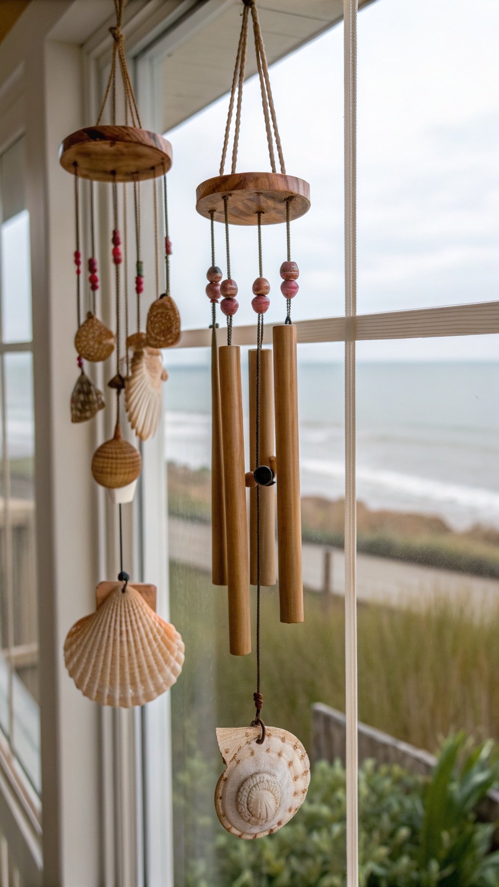 Wind chimes made of shells and bamboo hanging by a window