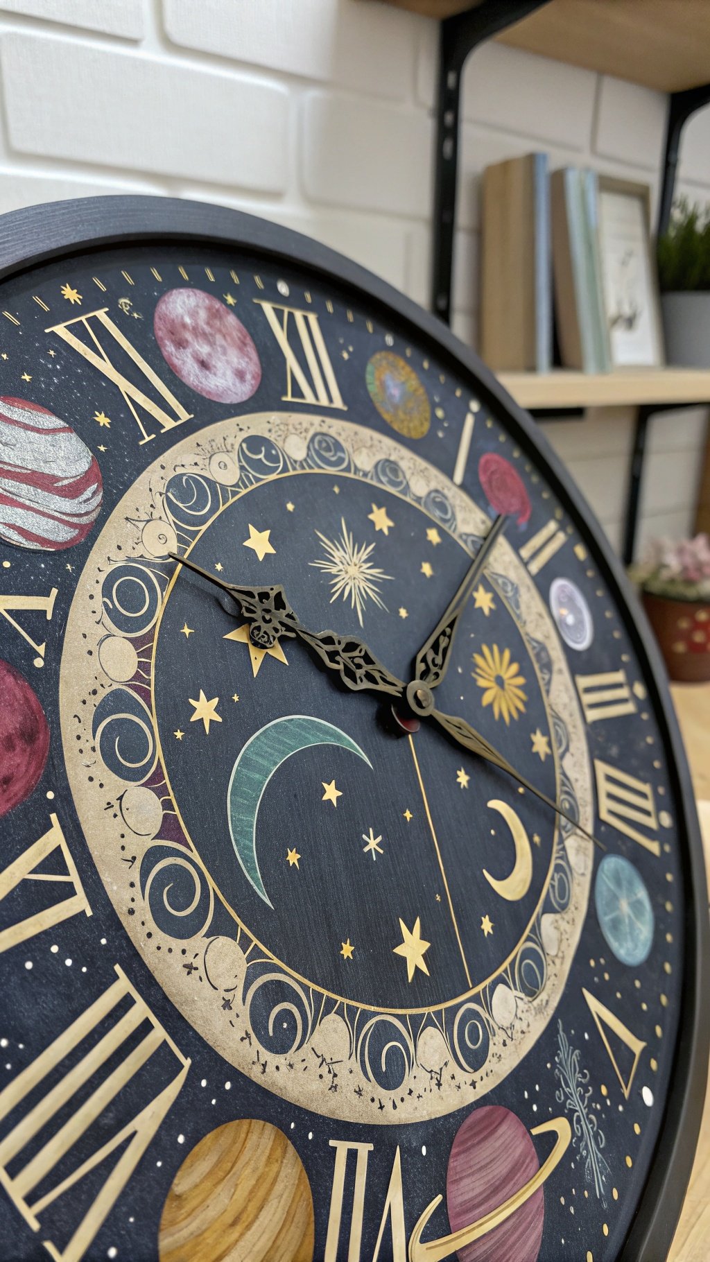 A beautifully designed wall clock featuring celestial elements like planets and stars.