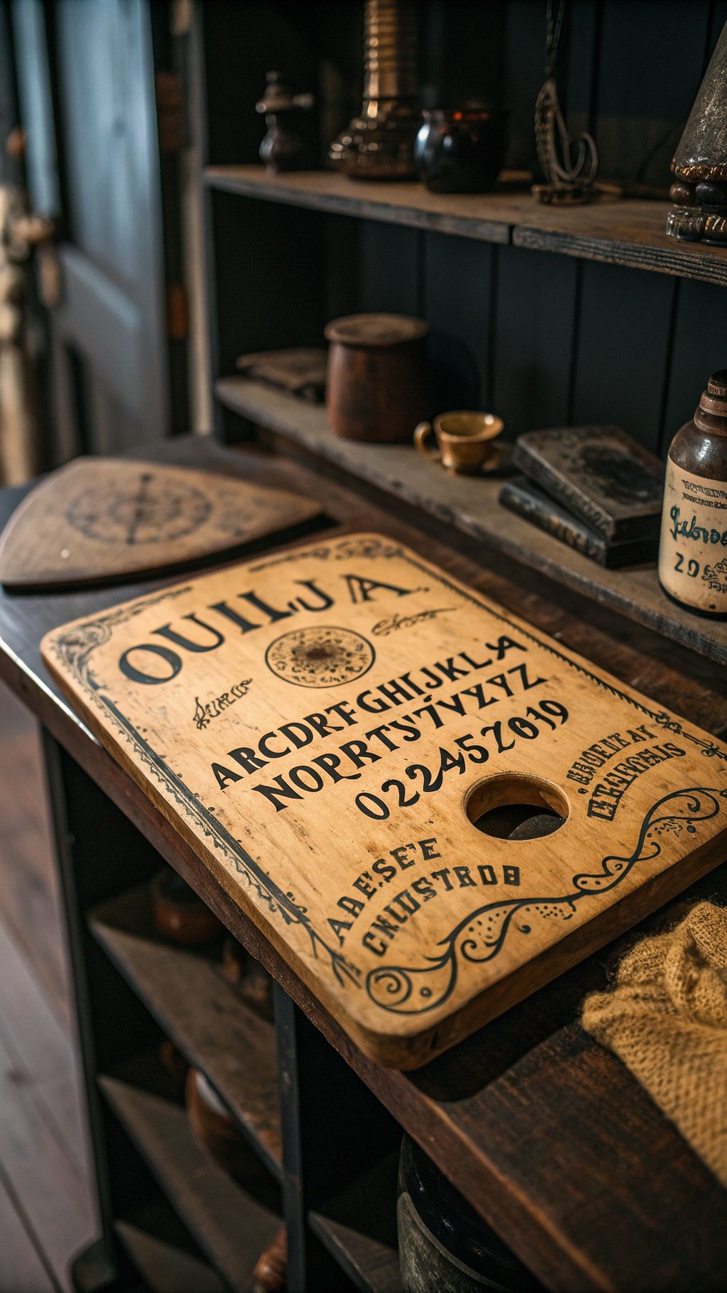 A vintage Ouija board displayed on a wooden shelf with various antique items.