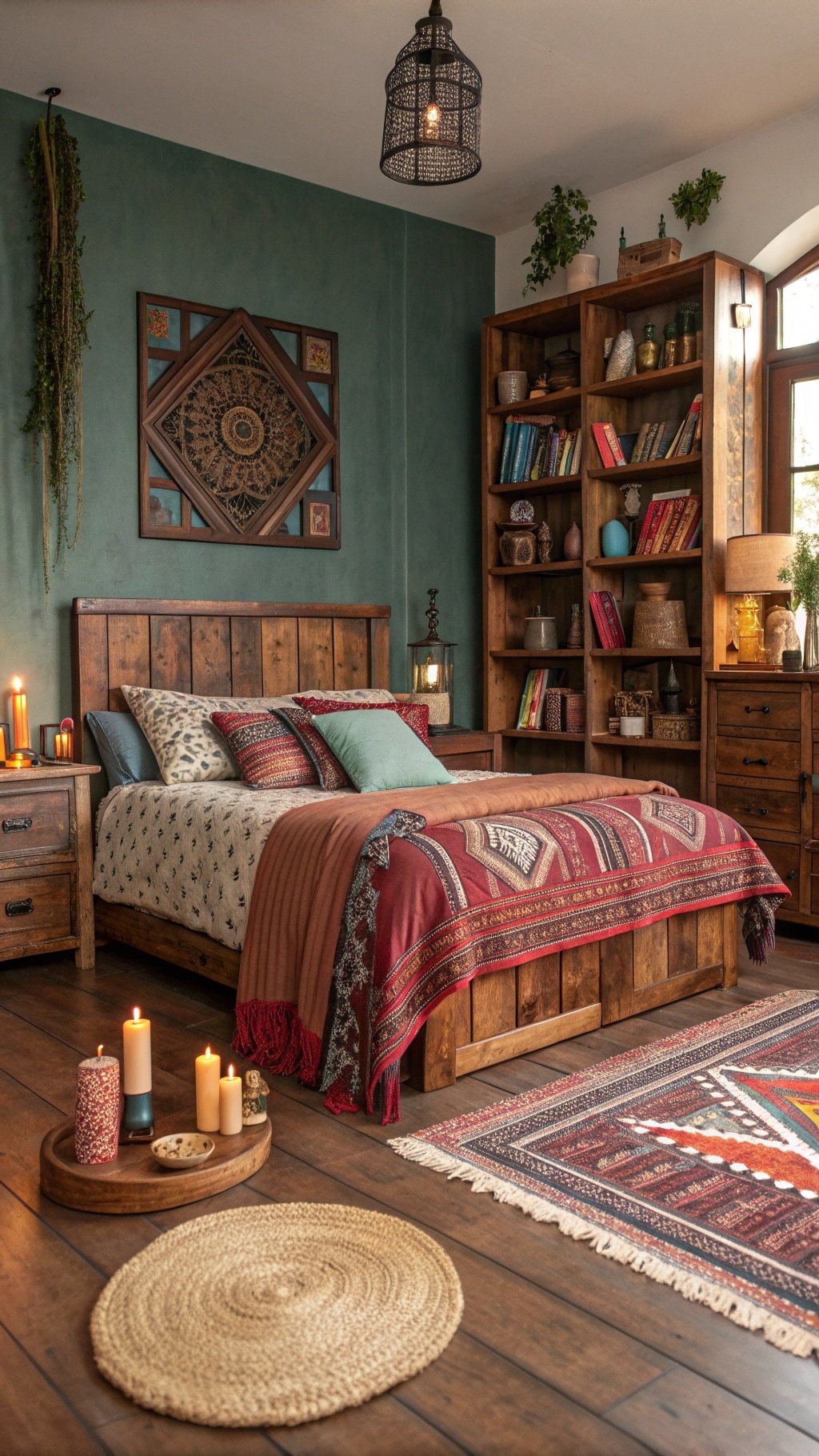 A cozy bedroom featuring rustic wooden furniture, including a bed, nightstands, and a bookshelf, with warm lighting and boho decor.
