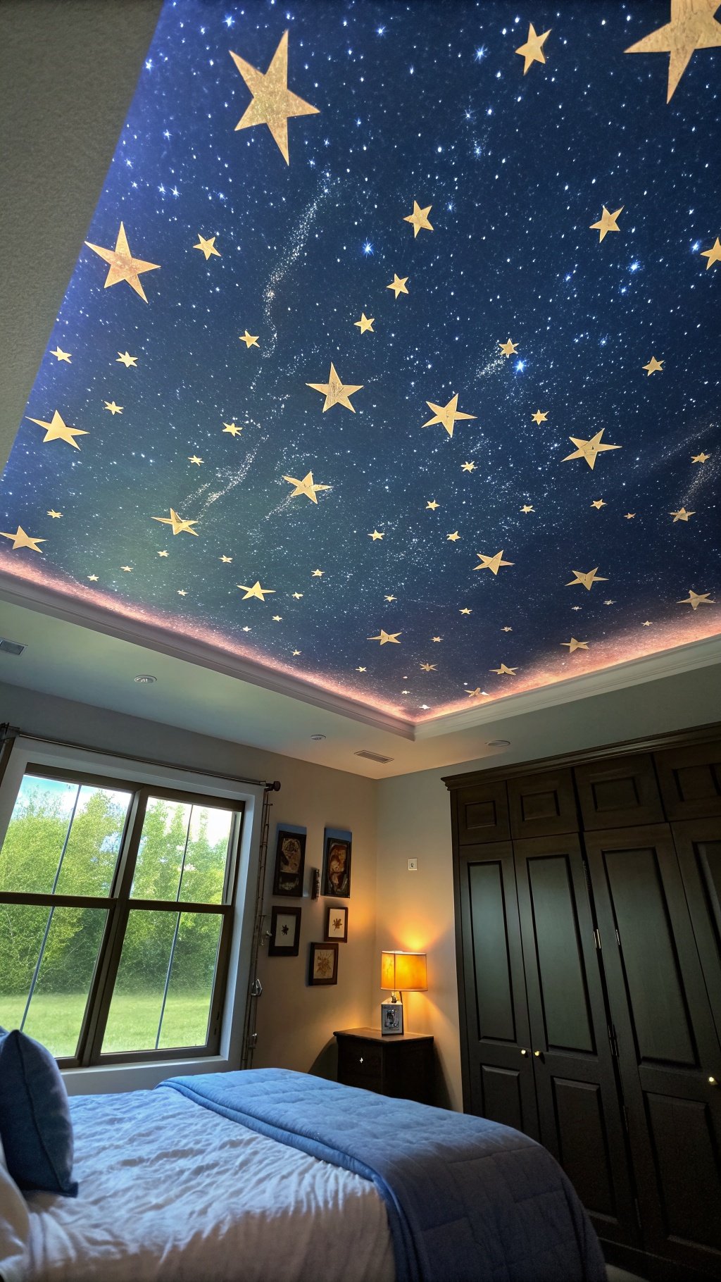 A ceiling decorated with a starry night design featuring golden stars on a blue background.