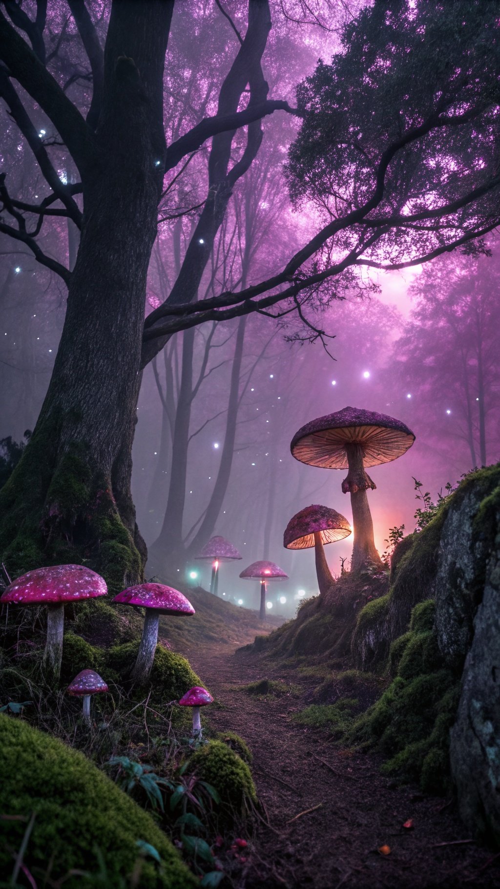 A mystical forest with purple mushrooms and glowing lights
