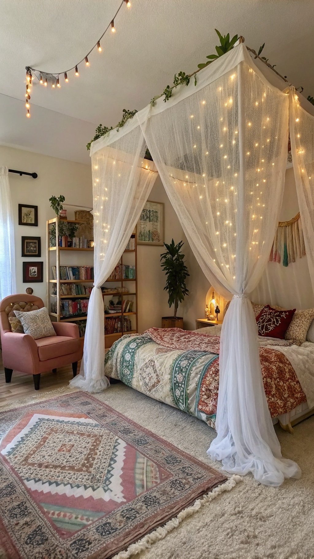 A cozy boho witchy bedroom featuring a canopy bed with sheer curtains, string lights, and earthy decor.
