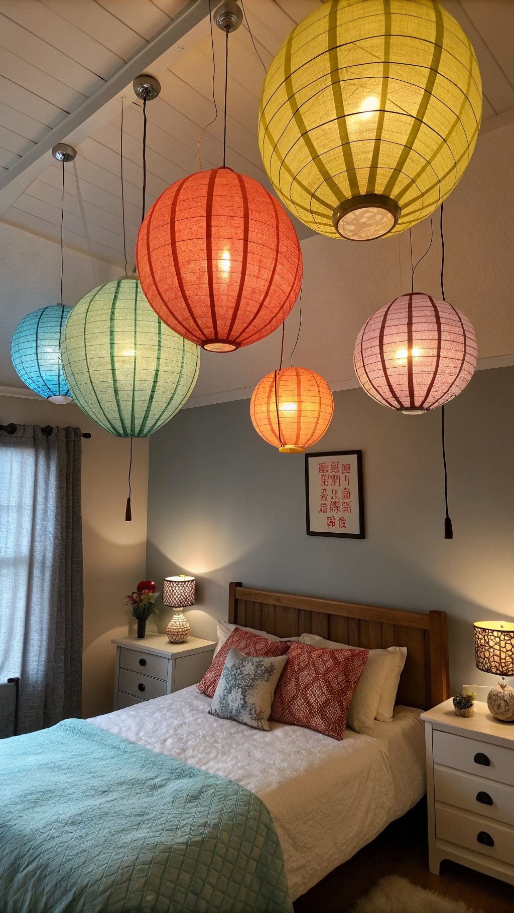 Colorful lanterns hanging from the ceiling in a cozy bedroom