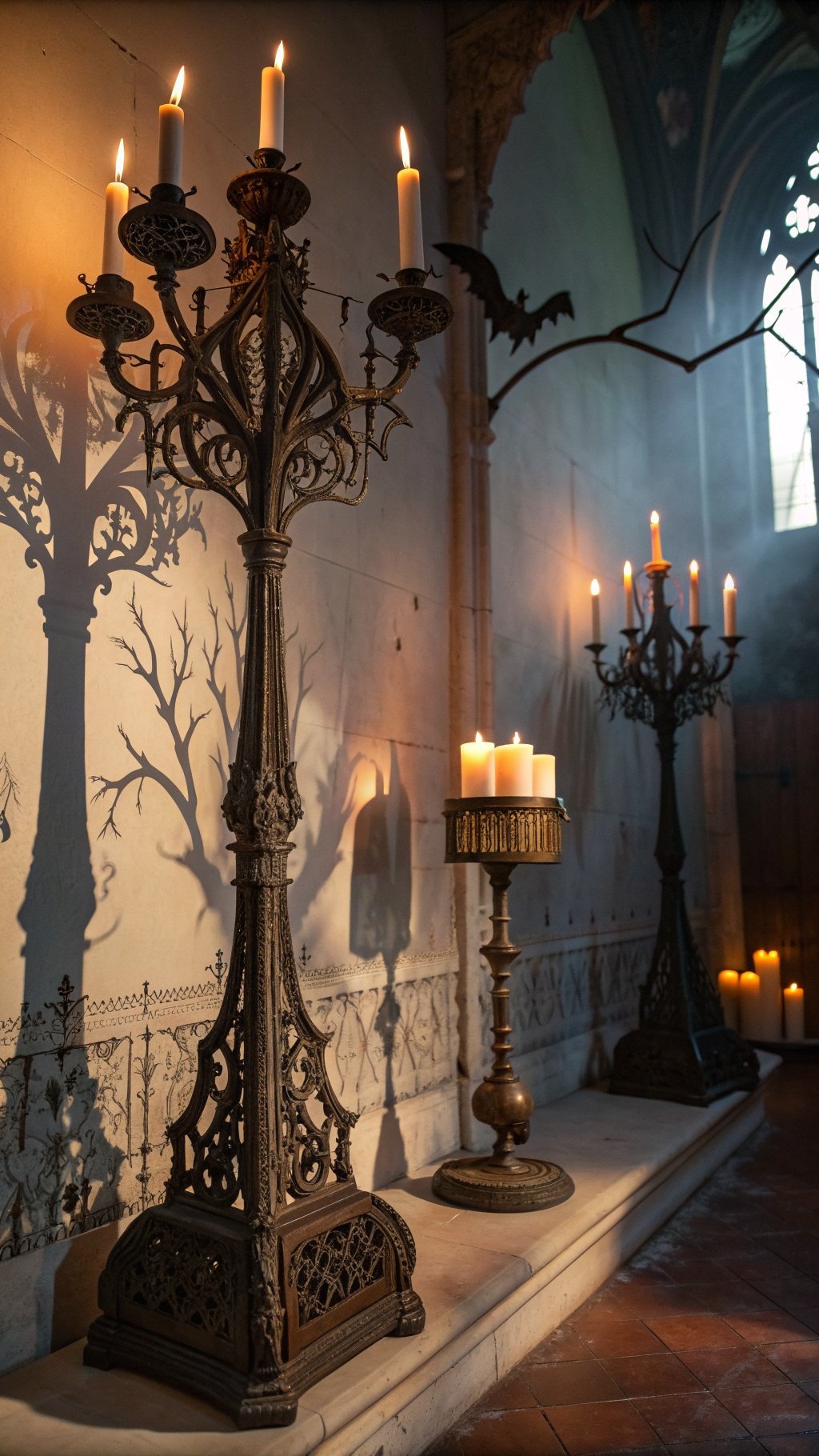 Gothic candle holders with flickering candles casting shadows on the wall