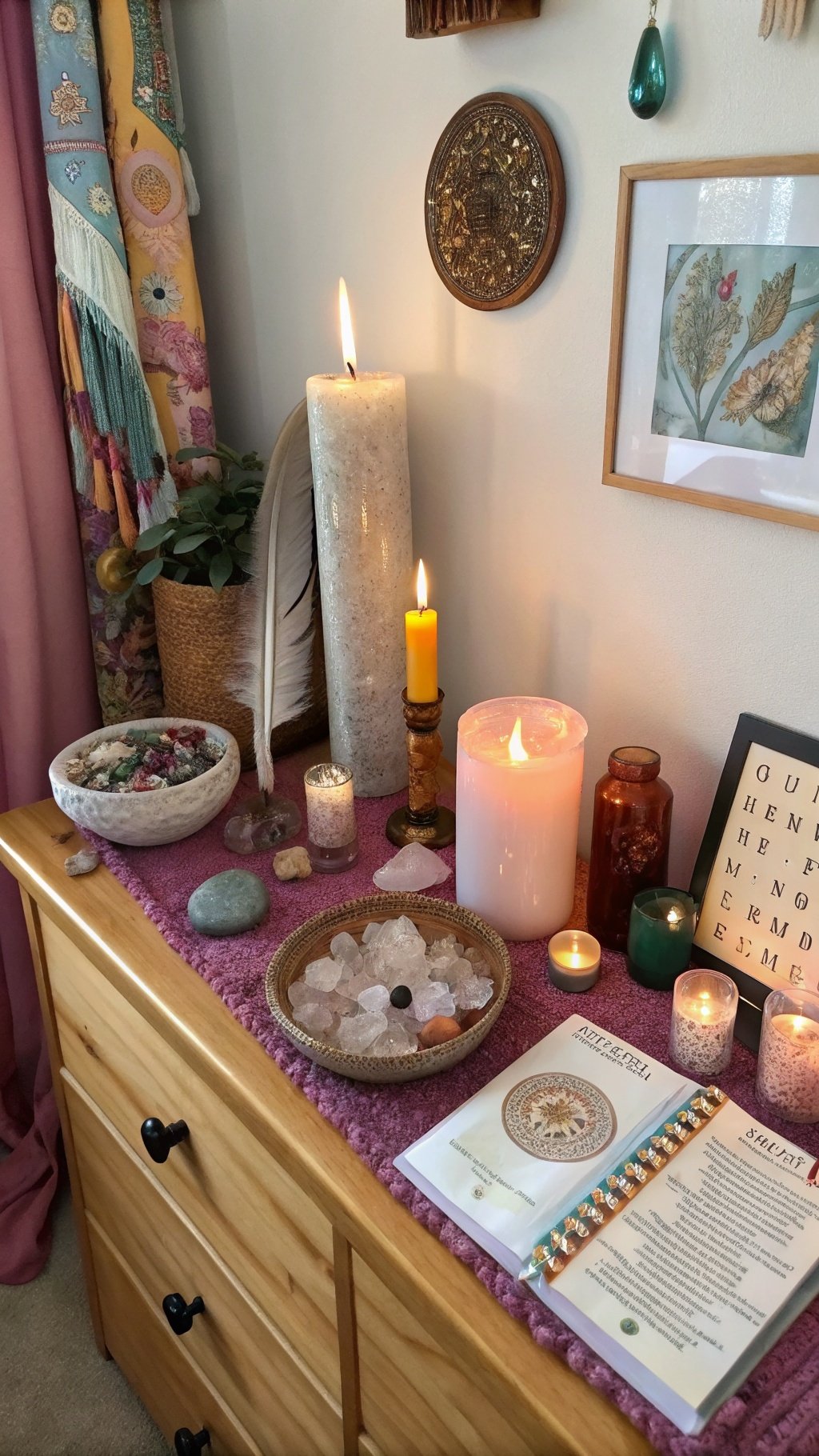 A cozy personal altar space with candles, crystals, and decorative items.