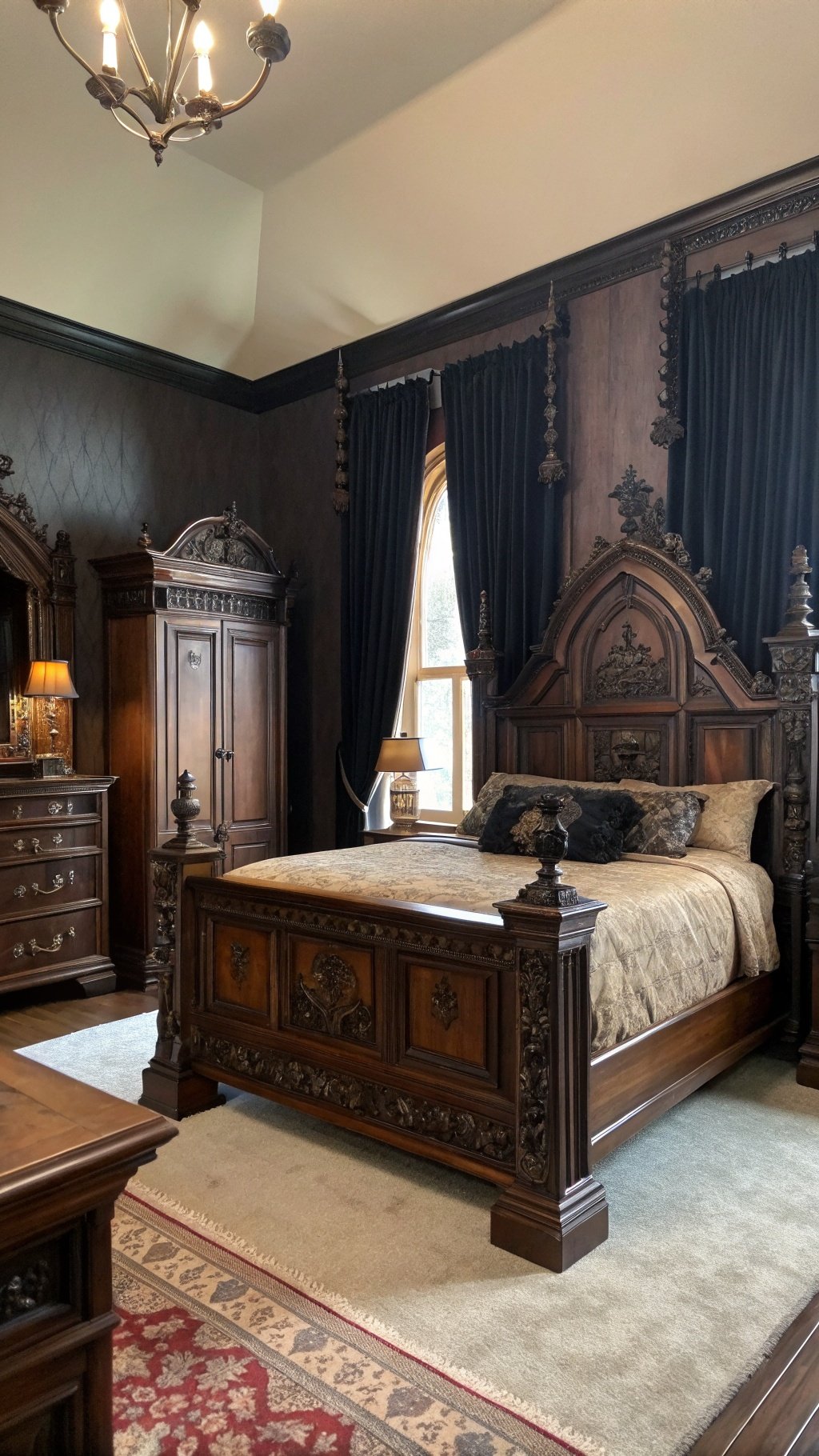 A beautifully decorated bedroom featuring dark wood furniture, including an ornate bed, dresser, and wardrobe, with dark curtains and a cozy atmosphere.