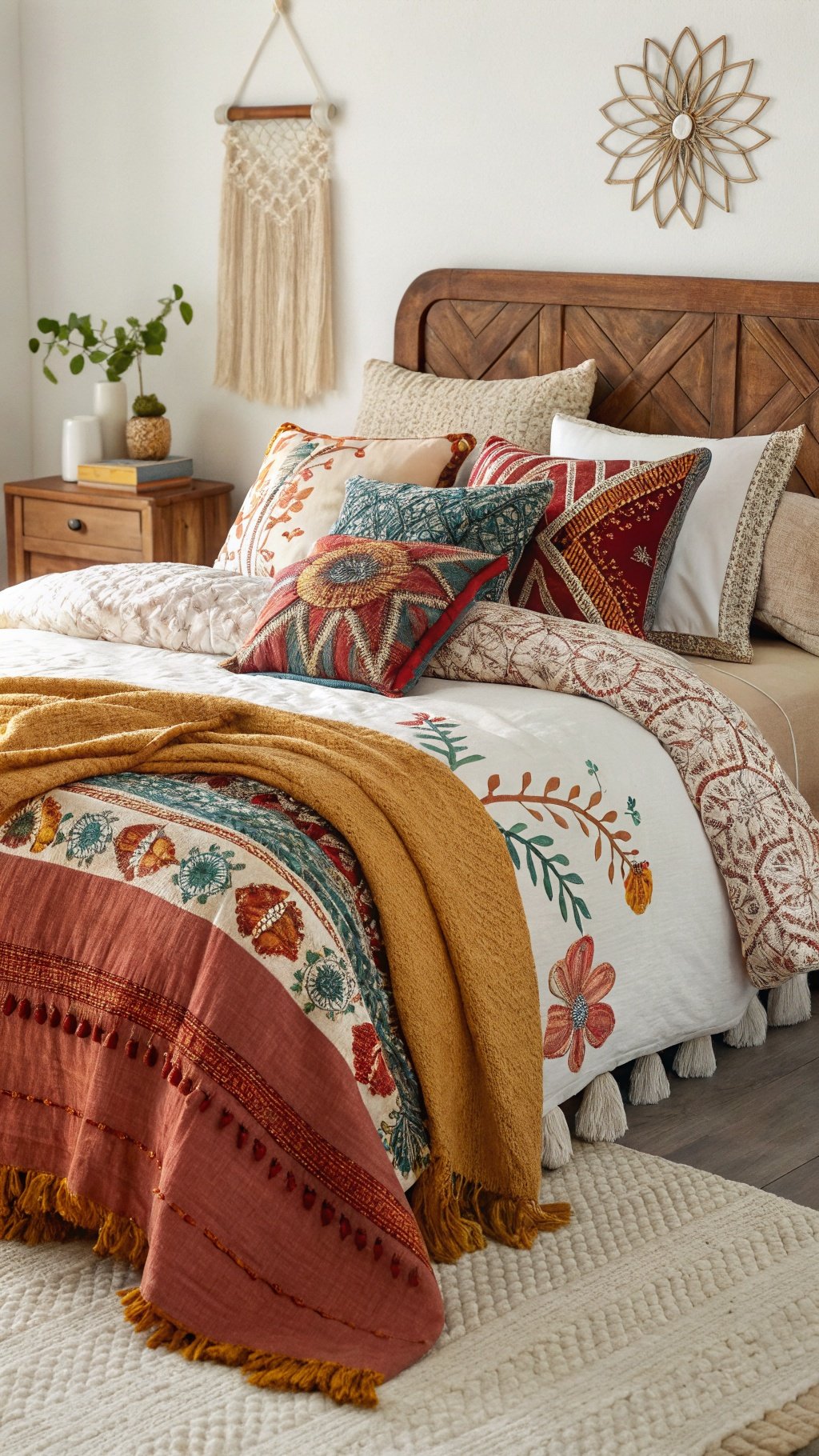 A cozy boho witchy bedroom featuring layered bedding with colorful pillows and throws.