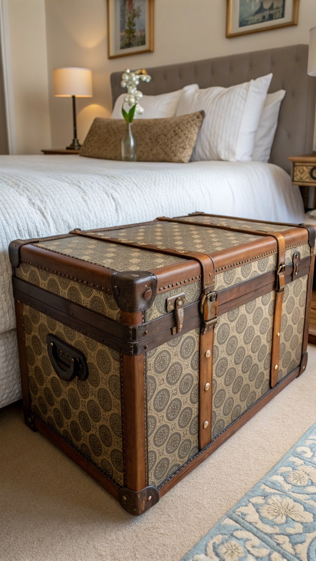 A vintage trunk with a patterned design placed at the foot of a bed in a cozy bedroom.