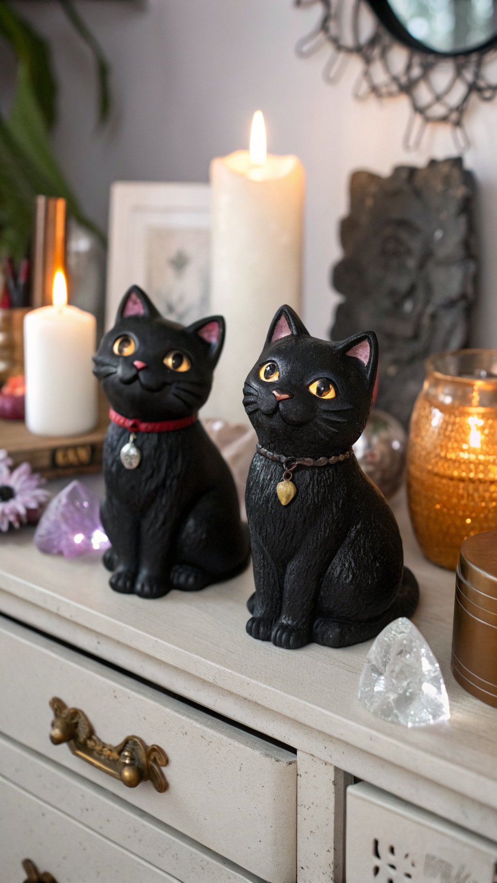 Two black cat figurines with bright eyes, surrounded by candles and crystals on a dresser.