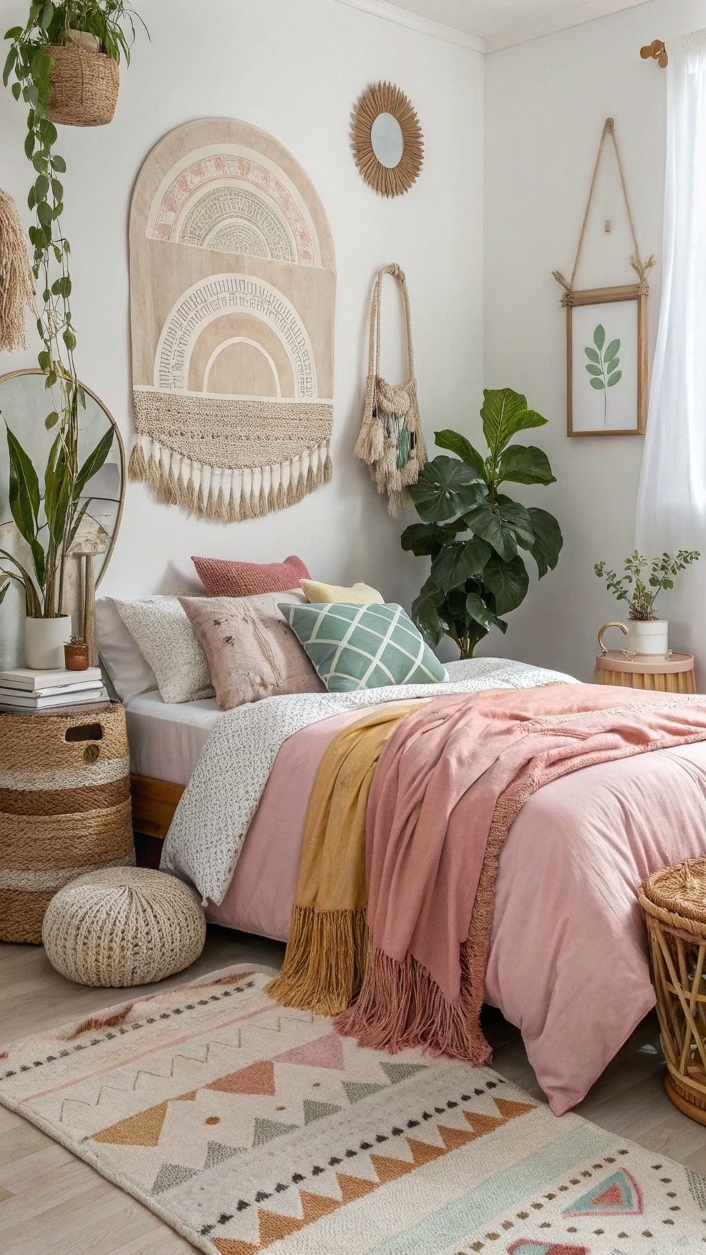A boho-style bedroom featuring a soft color palette with pink bedding, green plants, and woven decor.