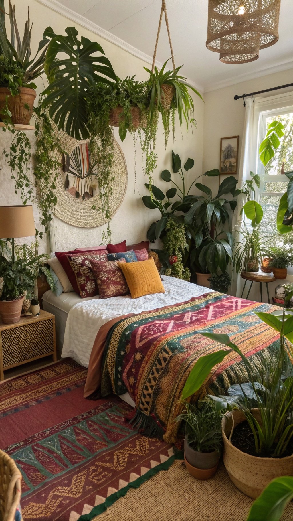 A cozy boho bedroom filled with various indoor plants, showcasing a vibrant and inviting atmosphere.