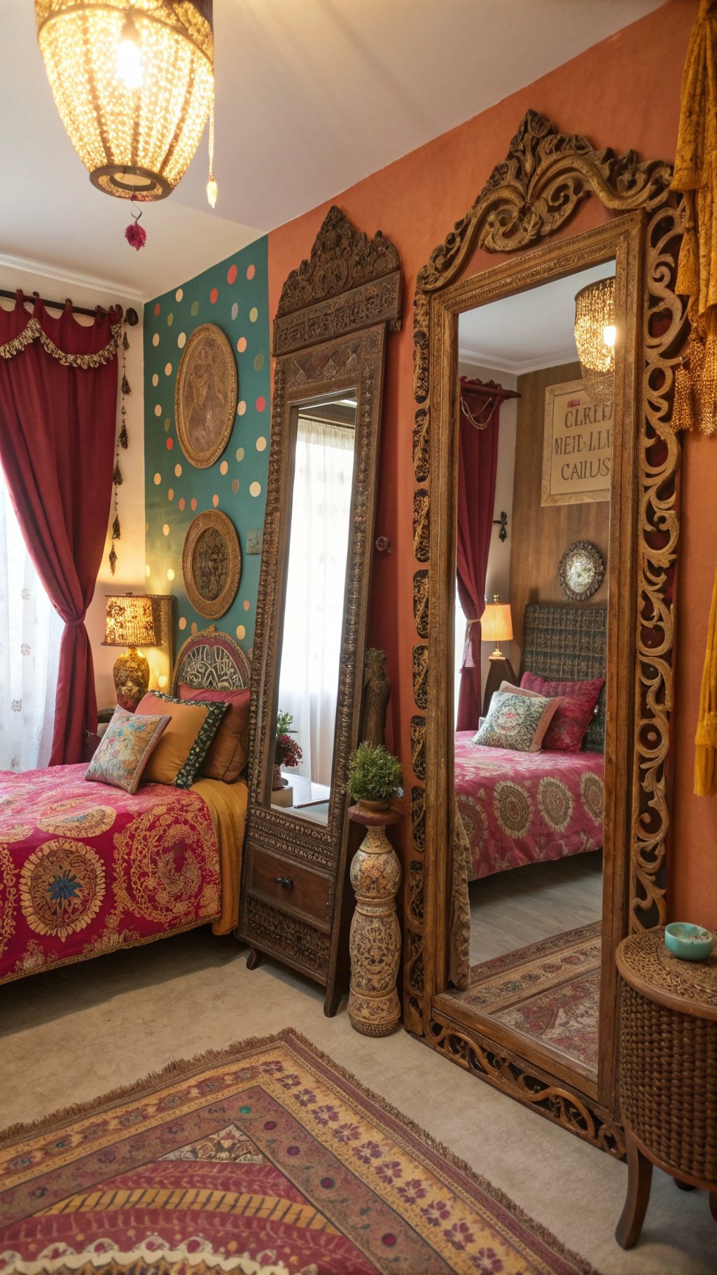 A cozy boho bedroom featuring vintage mirrors and ornate frames, colorful walls, and warm lighting.