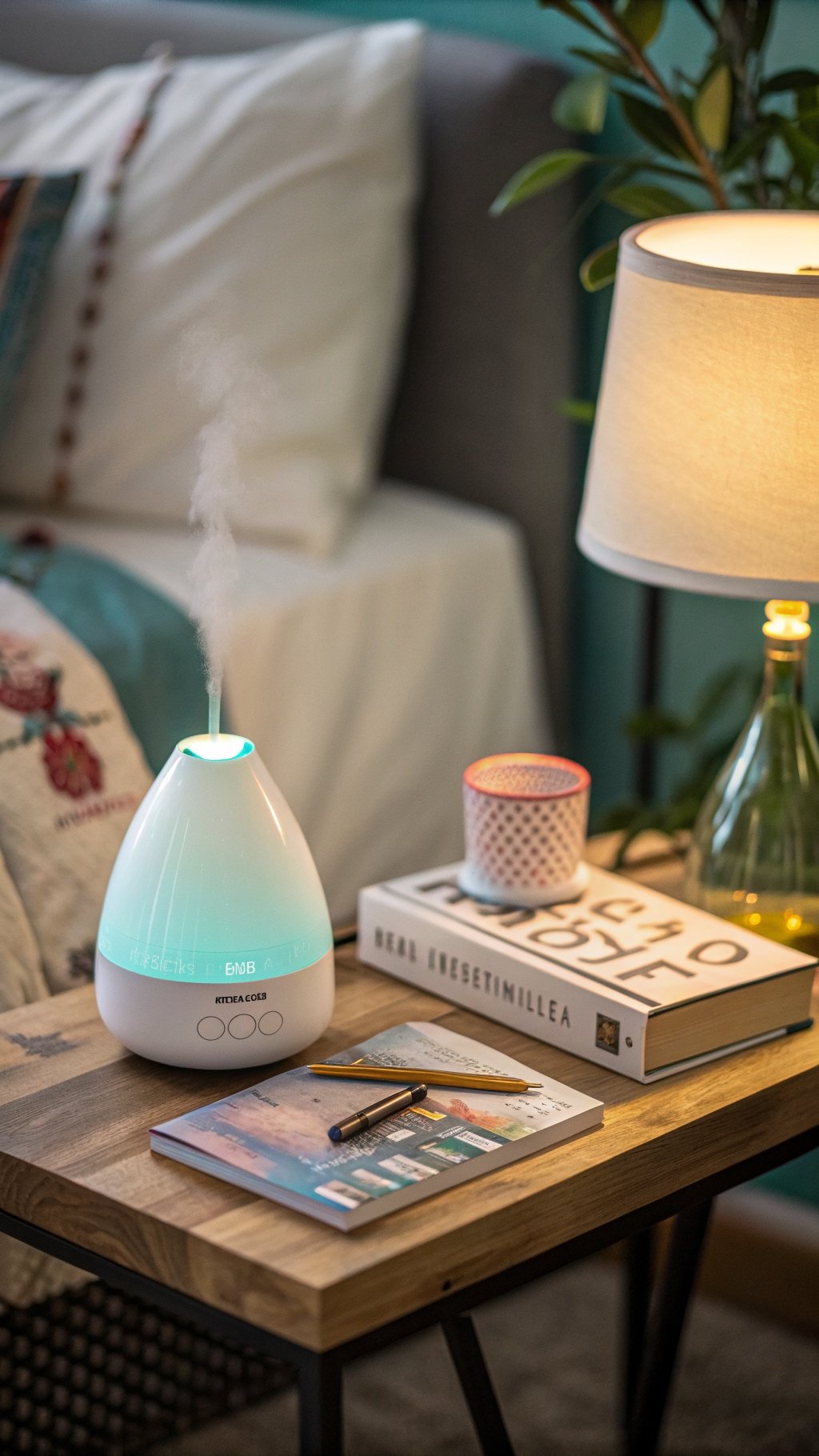 A stylish essential oil diffuser emitting mist on a wooden table next to books and a lamp in a cozy bedroom setting.