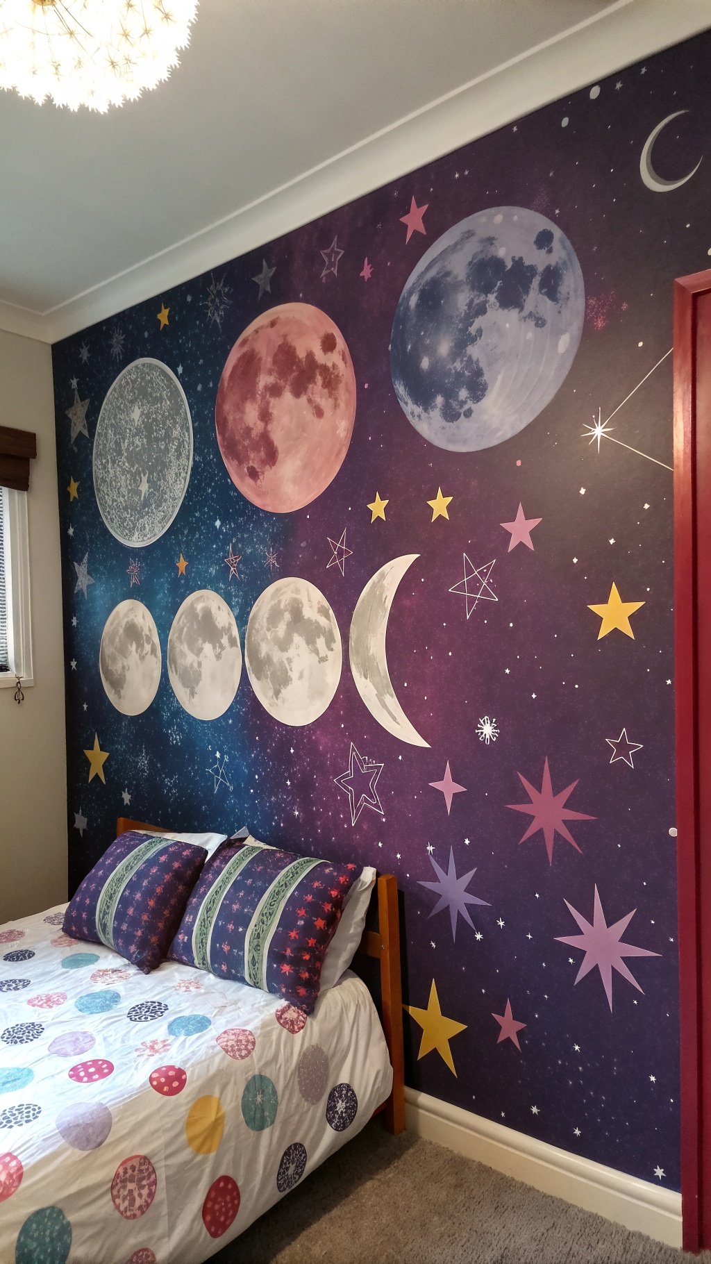 A colorful mural of moon phases and stars on a bedroom wall, with a bed adorned with polka dot bedding.