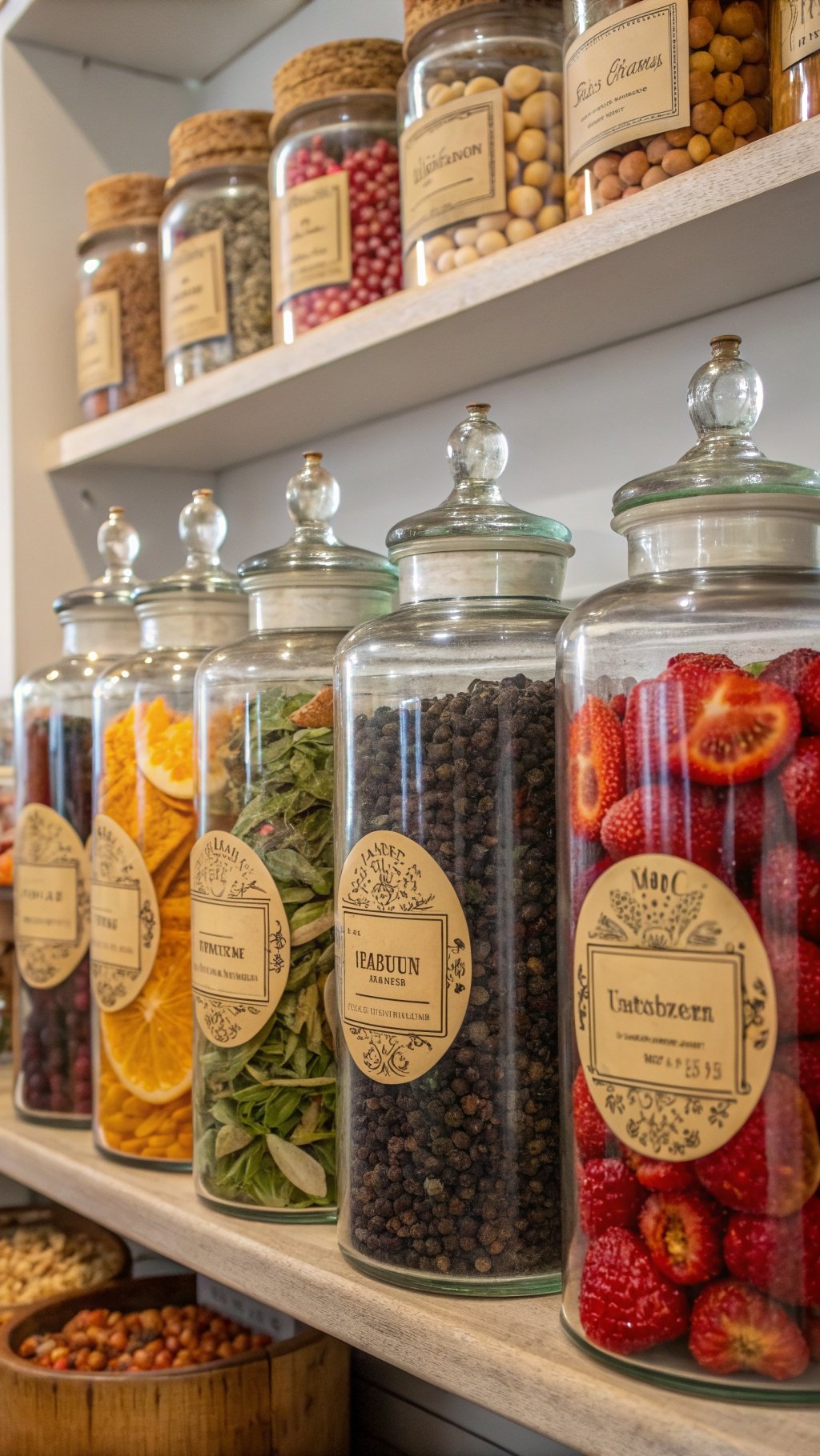 A collection of vintage glass jars filled with colorful herbs and spices, neatly arranged on a shelf.
