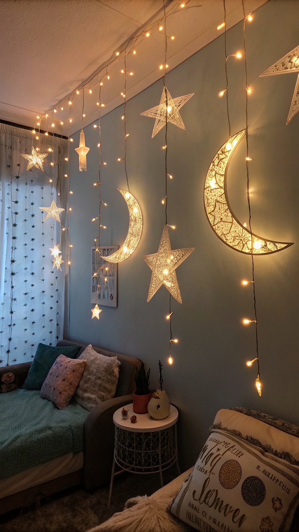 A cozy bedroom with moon and star fairy lights, creating a mystical atmosphere.