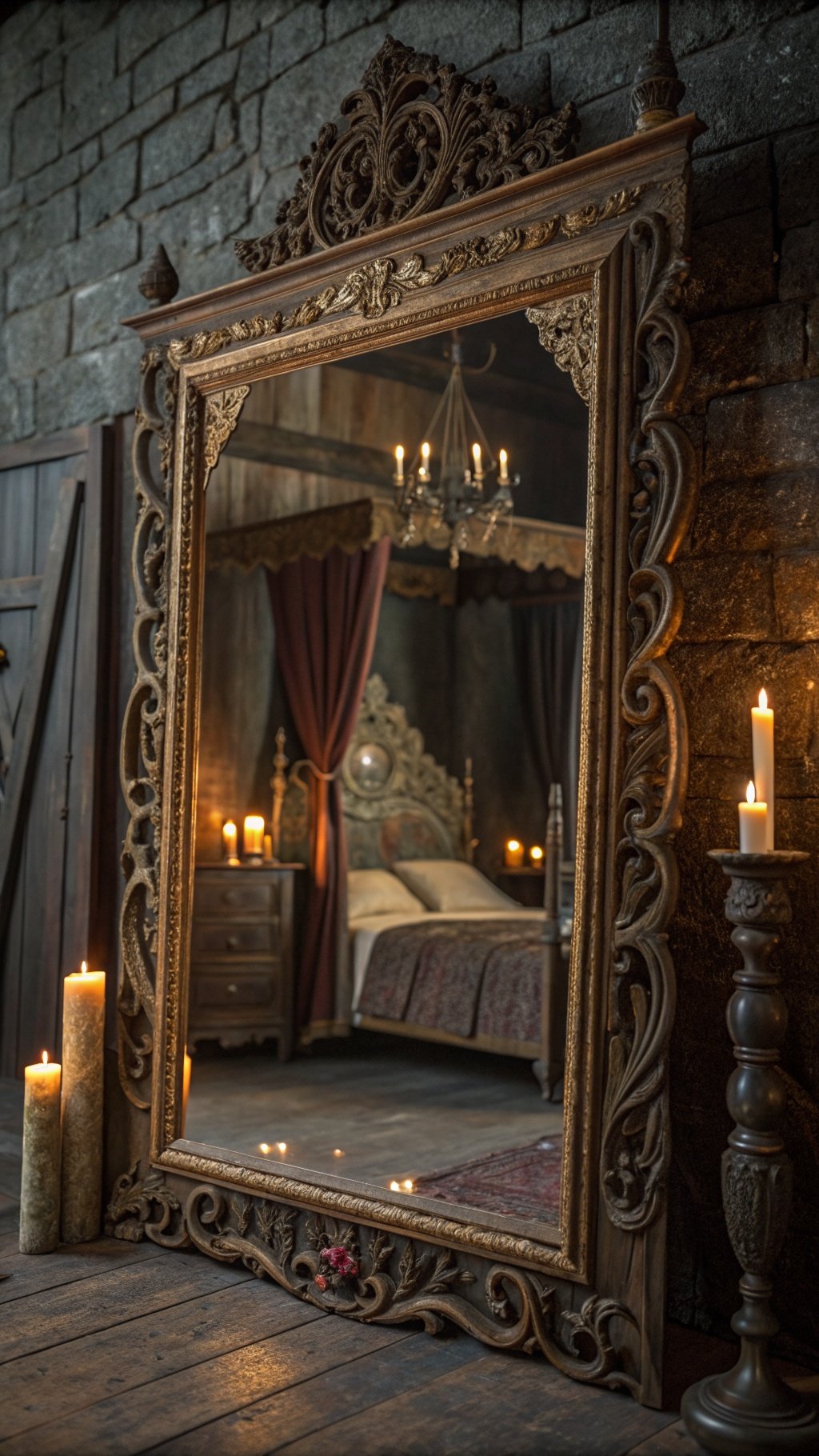 An ornate antique mirror with intricate carvings reflecting a cozy bedroom setting with candles and dark curtains.
