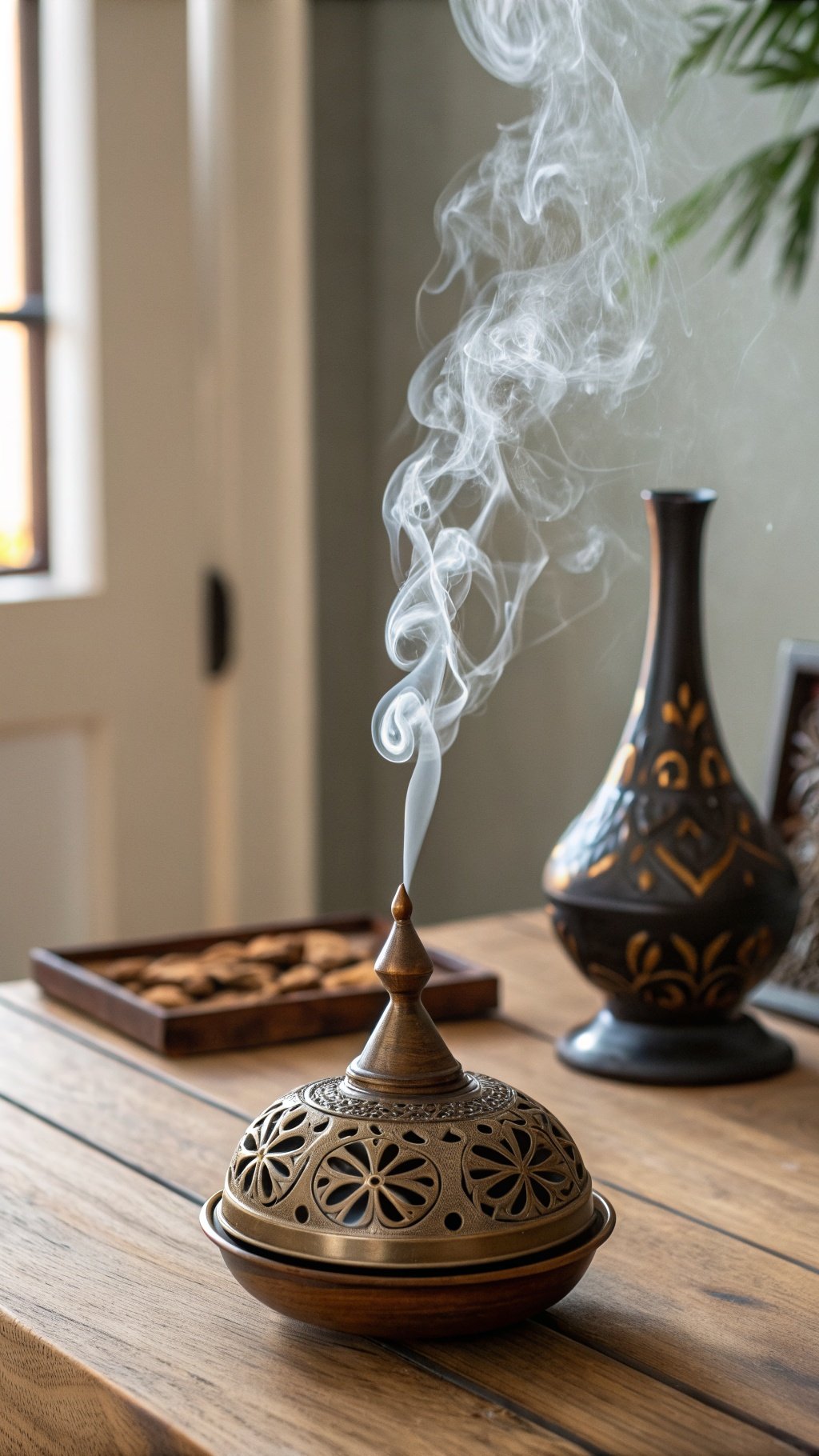 A decorative incense holder with smoke rising, set on a wooden table with a background of a dark vase and a tray of cookies.