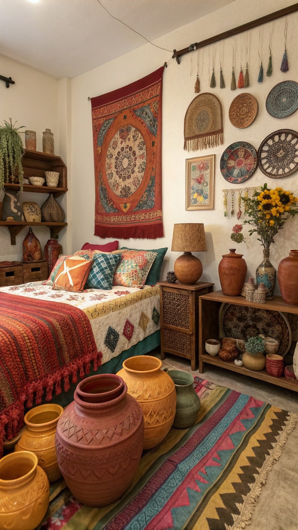 A cozy boho witchy bedroom featuring colorful handmade pottery decor, vibrant textiles, and a warm atmosphere.