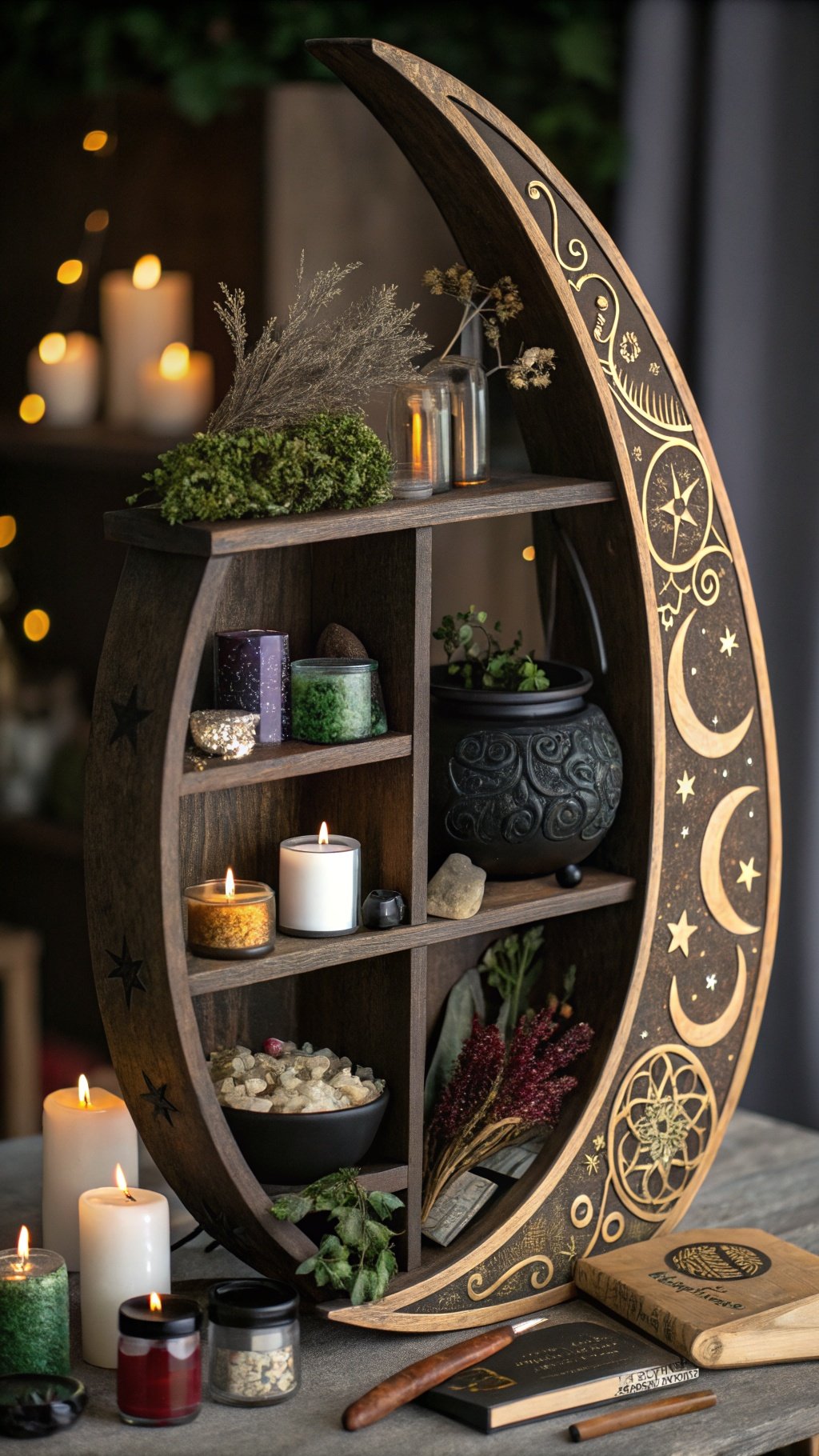 A crescent moon shelf displaying candles, crystals, and herbs, featuring intricate designs.