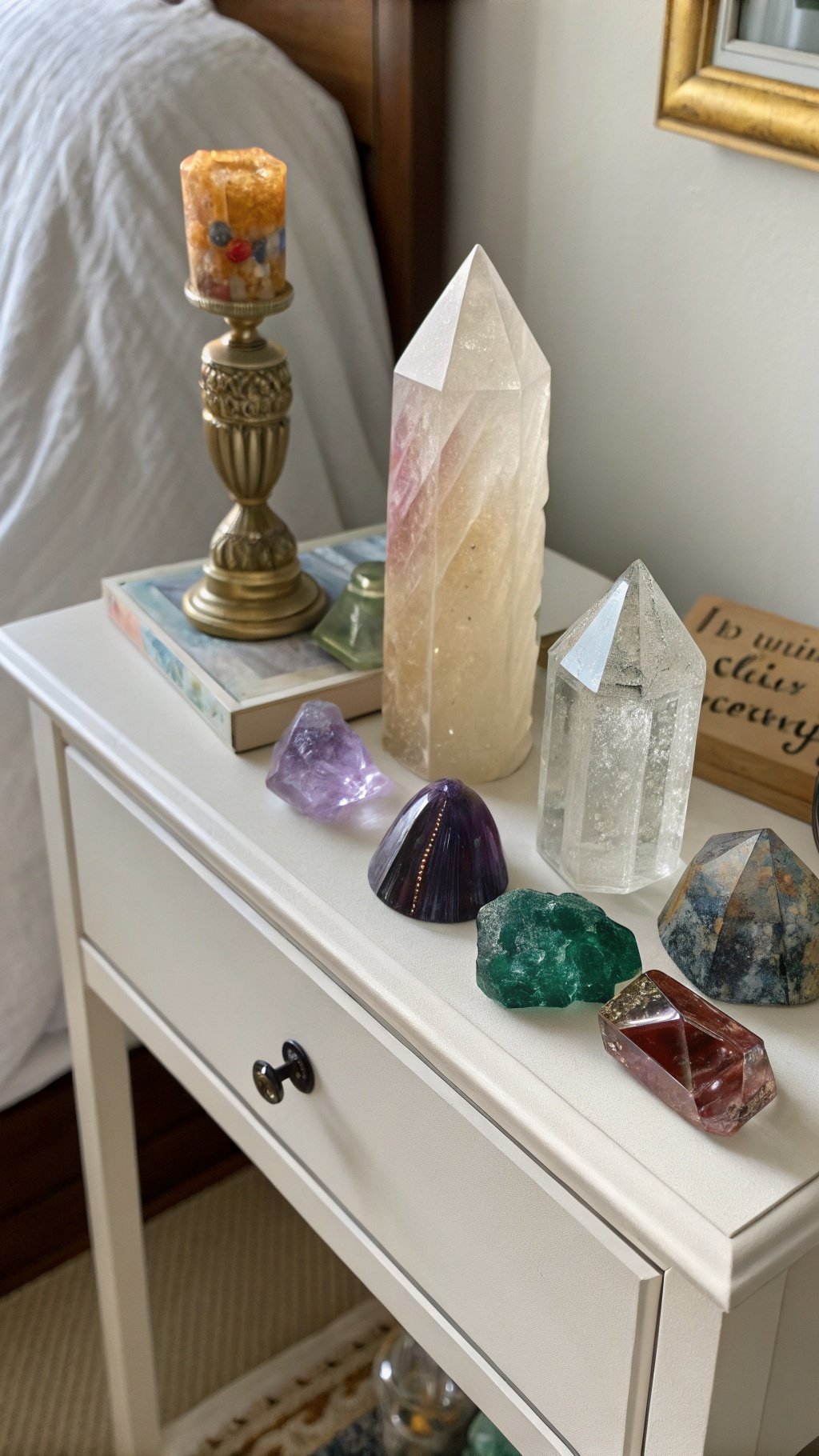 A collection of colorful crystals and a candle on a nightstand, creating a mystical bedroom decor.