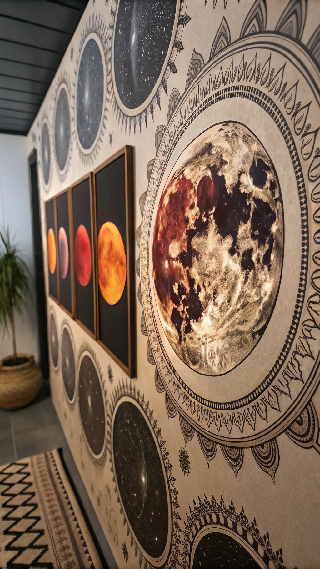 Moon phase wall art featuring various phases of the moon with intricate designs