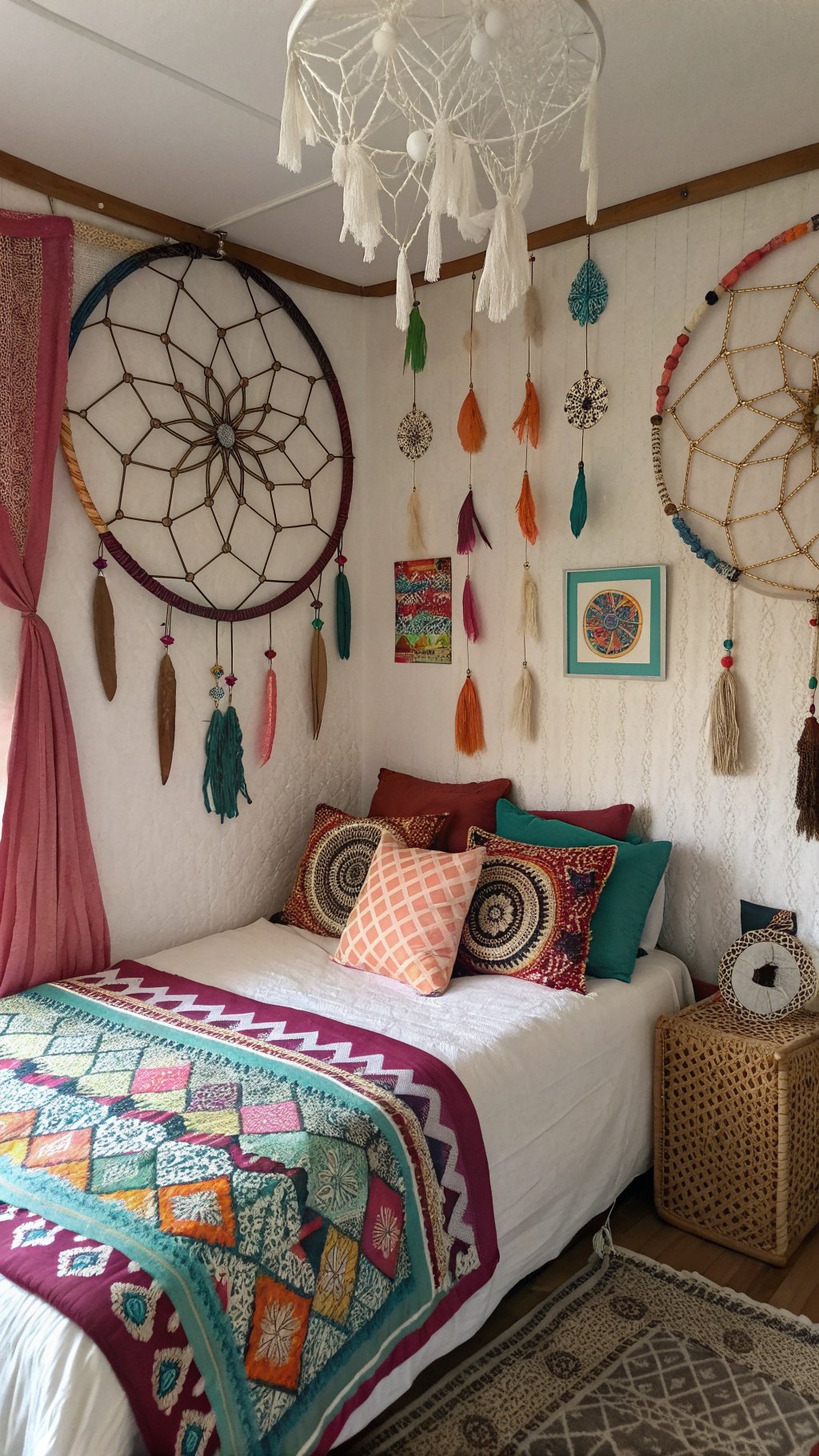 A cozy boho bedroom featuring colorful dreamcatchers on the wall, a vibrant quilt on the bed, and decorative pillows.