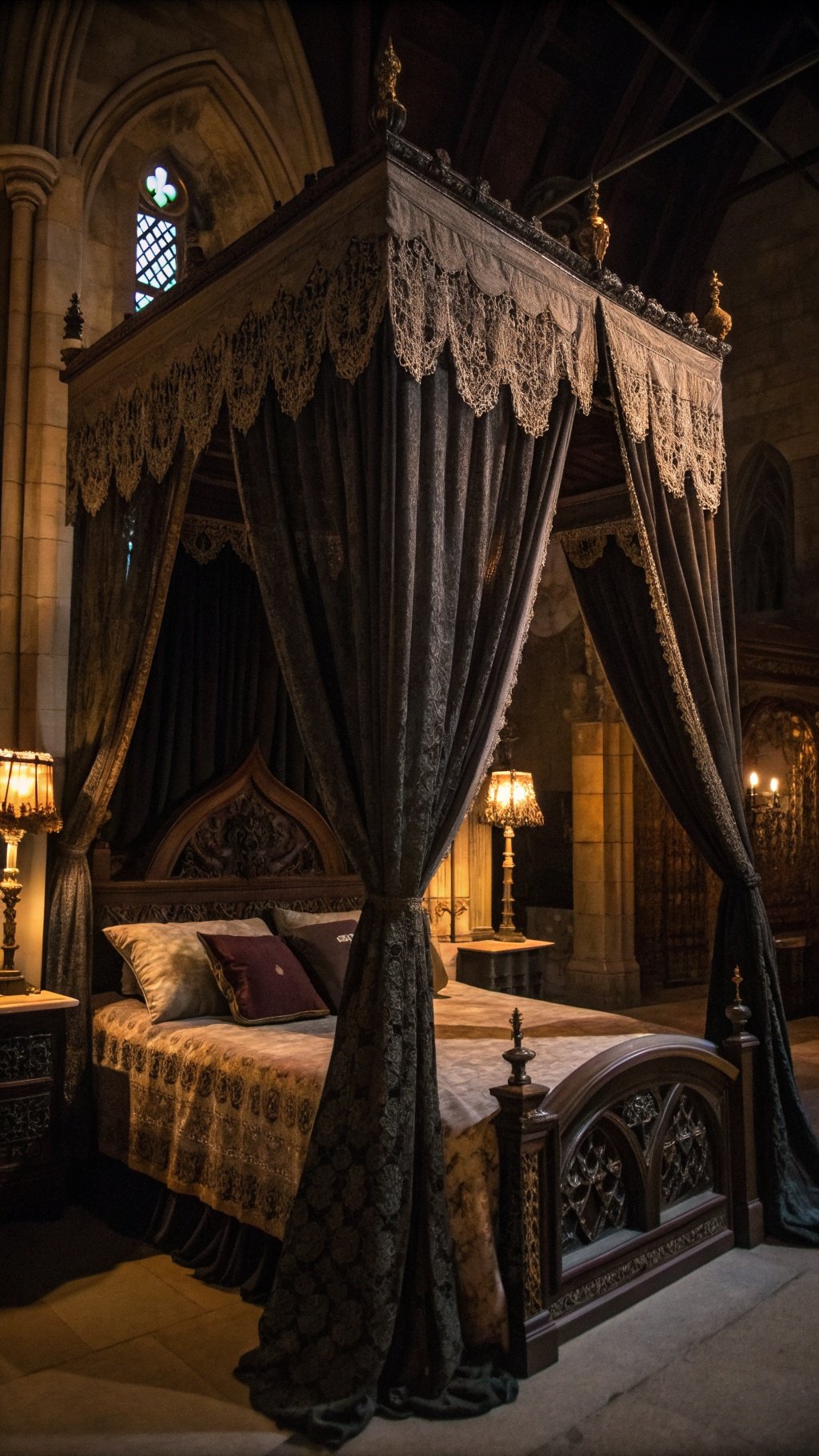 A gothic bed canopy with dark fabrics and ornate details, creating a mystical bedroom aesthetic.