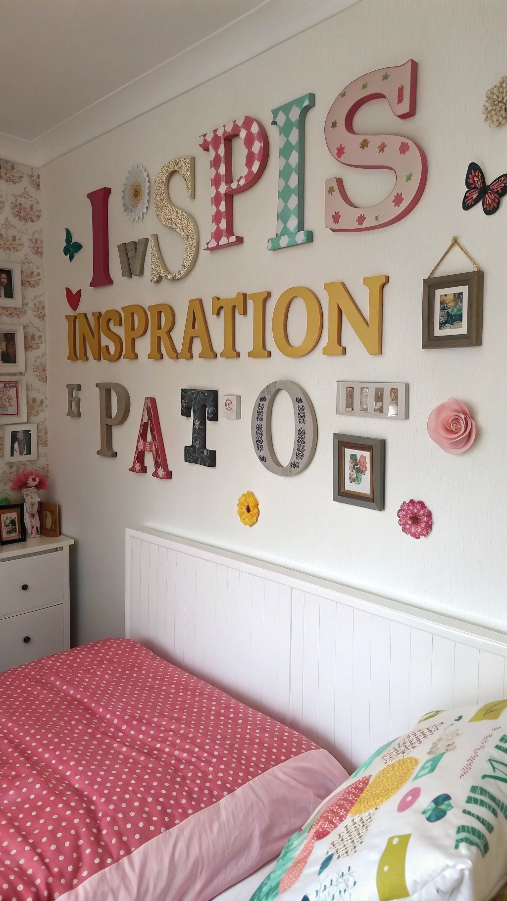 Colorful wall with personalized quotes and decorative elements in a cozy bedroom.