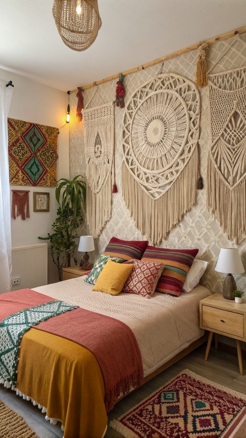 A cozy boho bedroom featuring macrame wall hangings, colorful pillows, and warm decor.