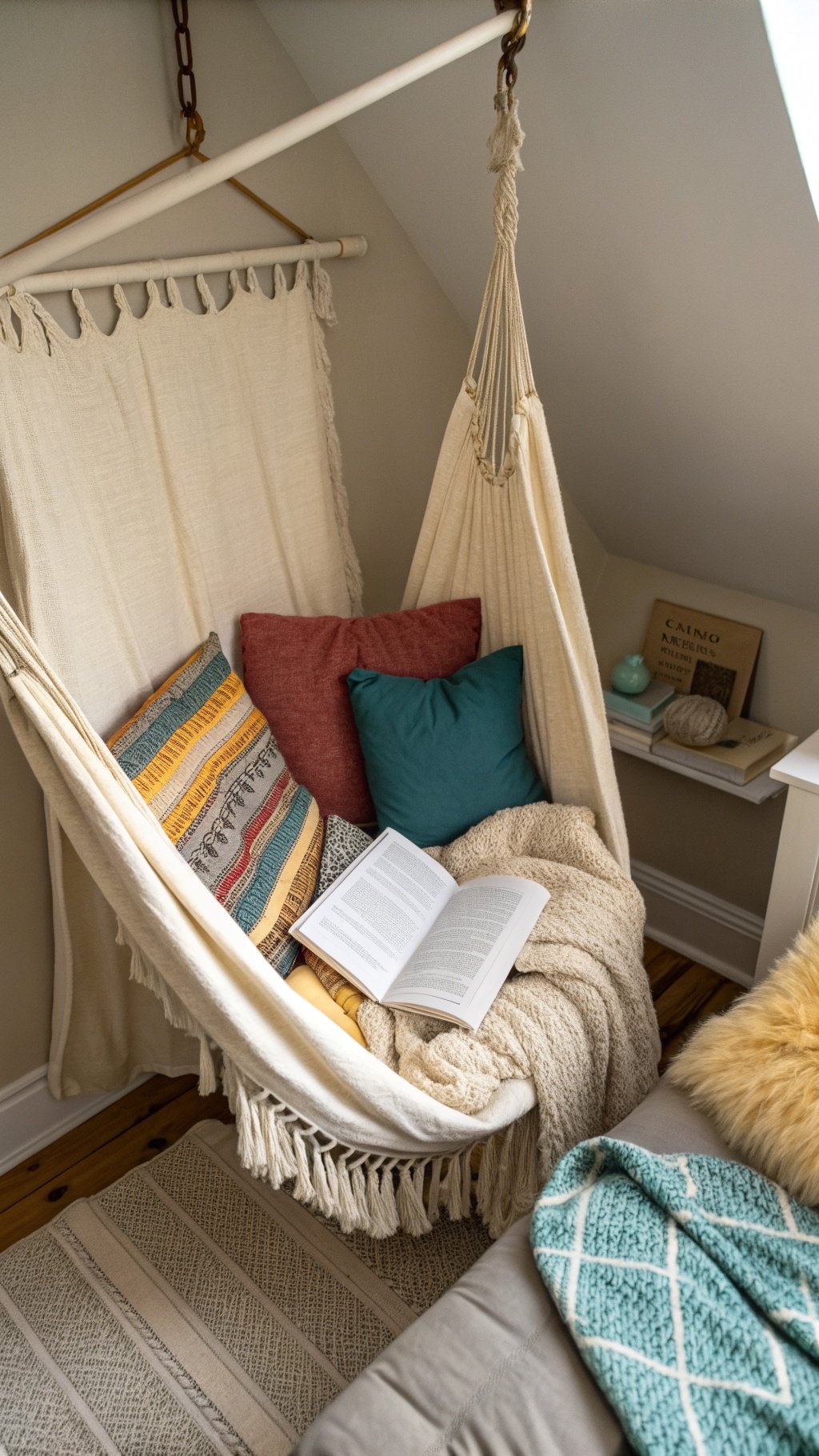A cozy hammock chair nook with colorful pillows, a throw blanket, and a book, set in a warm-toned bedroom.