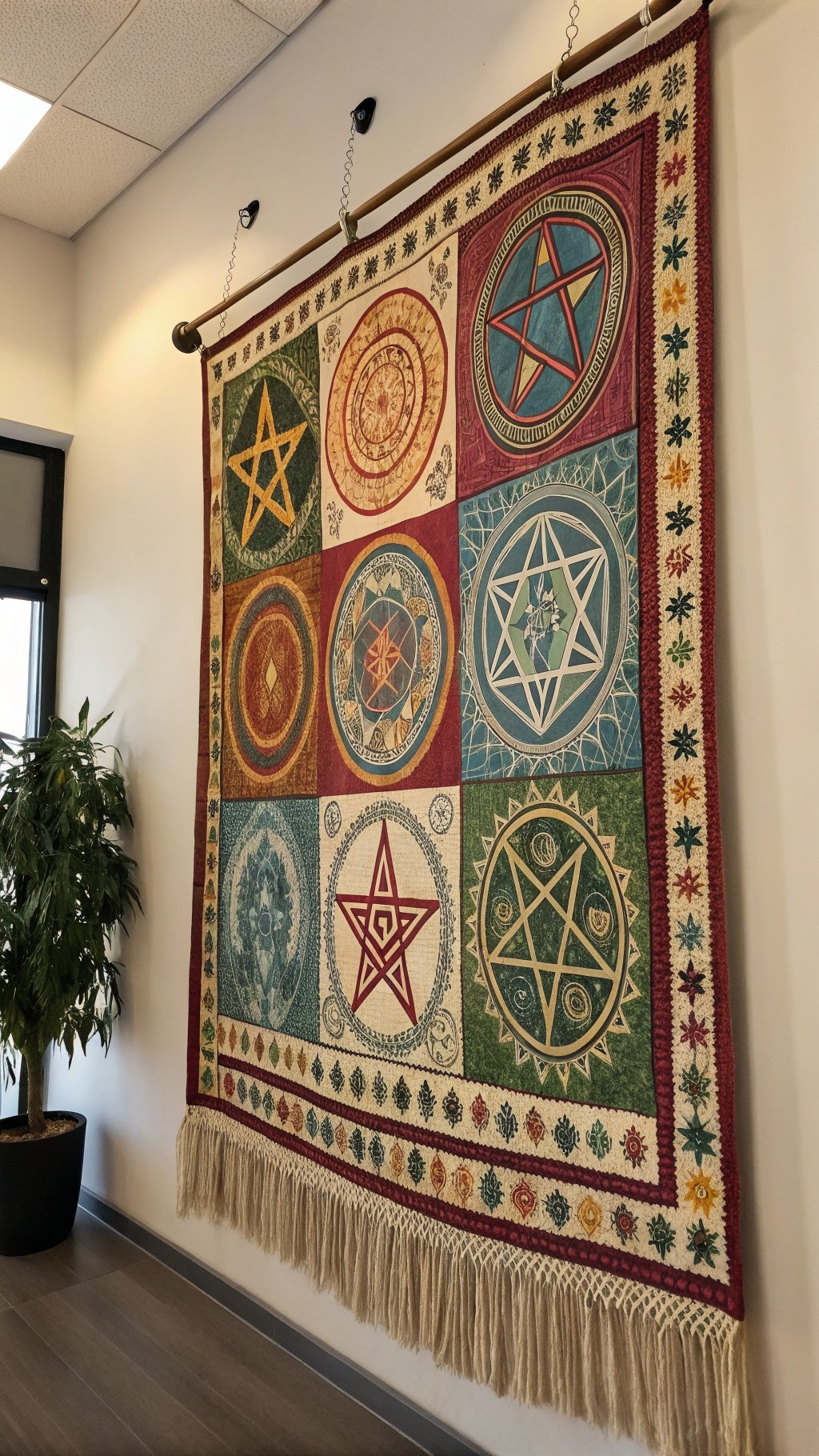 A colorful woven tapestry featuring mystical symbols and designs, hanging on a wall.