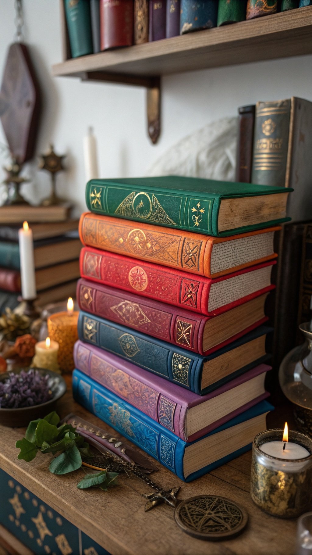 A colorful stack of spell books with candles and herbs on a wooden table.