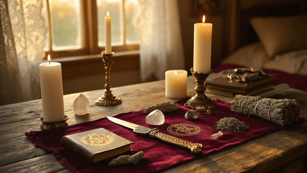Cinematic close-up of a traditional Wiccan altar featuring a brass athame, white candles, crystals, herbs, and a grimoire on a weathered oak table, illuminated by warm golden hour sunlight filtering through lace curtains.