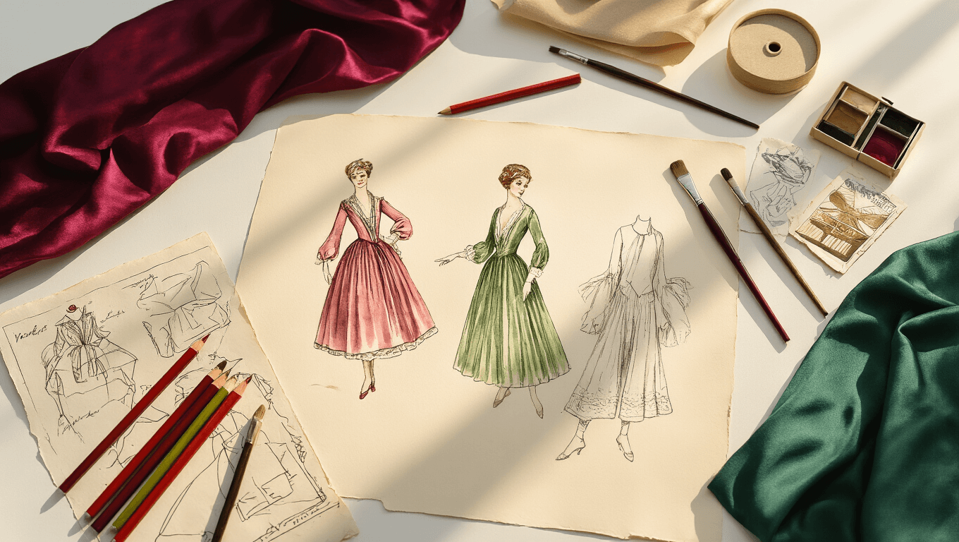 A vintage costume designer's workspace featuring watercolor sketches, colored pencils, ink brushes, and silk fabric swatches in burgundy and emerald, illuminated by golden afternoon sunlight on a clean white background.