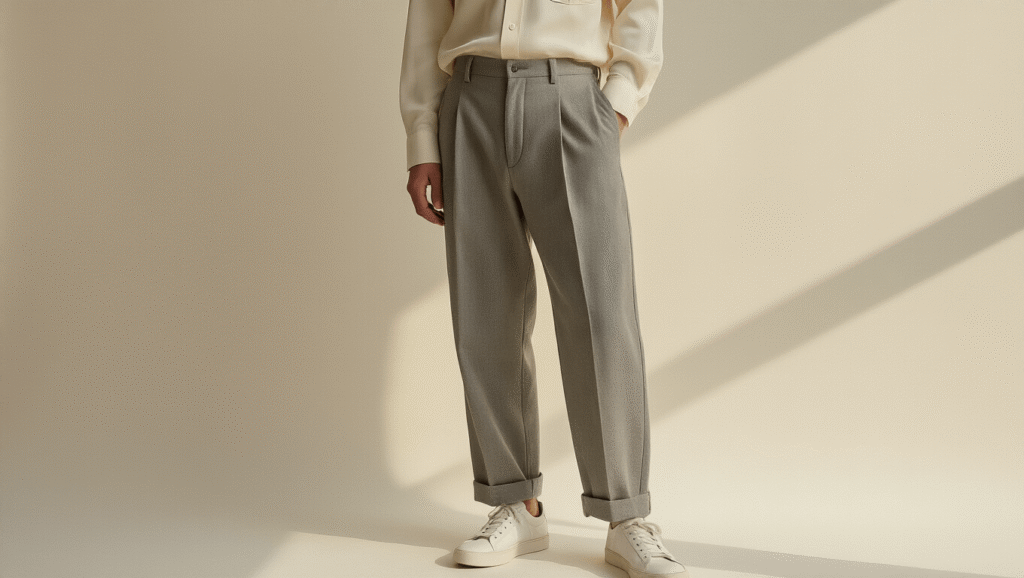 A vintage cream silk button-down shirt paired with relaxed gray wide-leg trousers and white leather sneakers, styled on a minimalist background with soft natural lighting, showcasing elegant fabric textures and a sustainable fashion aesthetic.