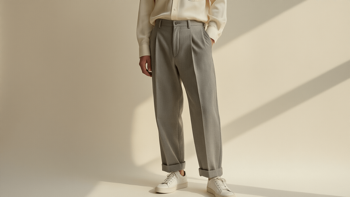 A vintage cream silk button-down shirt paired with relaxed gray wide-leg trousers and white leather sneakers, styled on a minimalist background with soft natural lighting, showcasing elegant fabric textures and a sustainable fashion aesthetic.