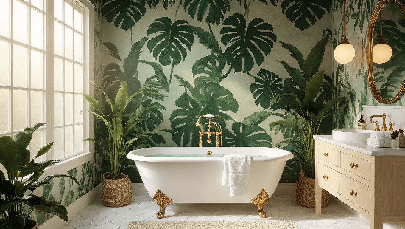 A whimsical bathroom design featuring oversized tropical monstera leaf wallpaper, a freestanding white marble clawfoot tub with vintage brass fixtures, a light blonde wood floating vanity, hexagonal white floor tiles, and warm golden hour lighting, creating an inviting spa-like atmosphere with lush plants and soft shadows.
