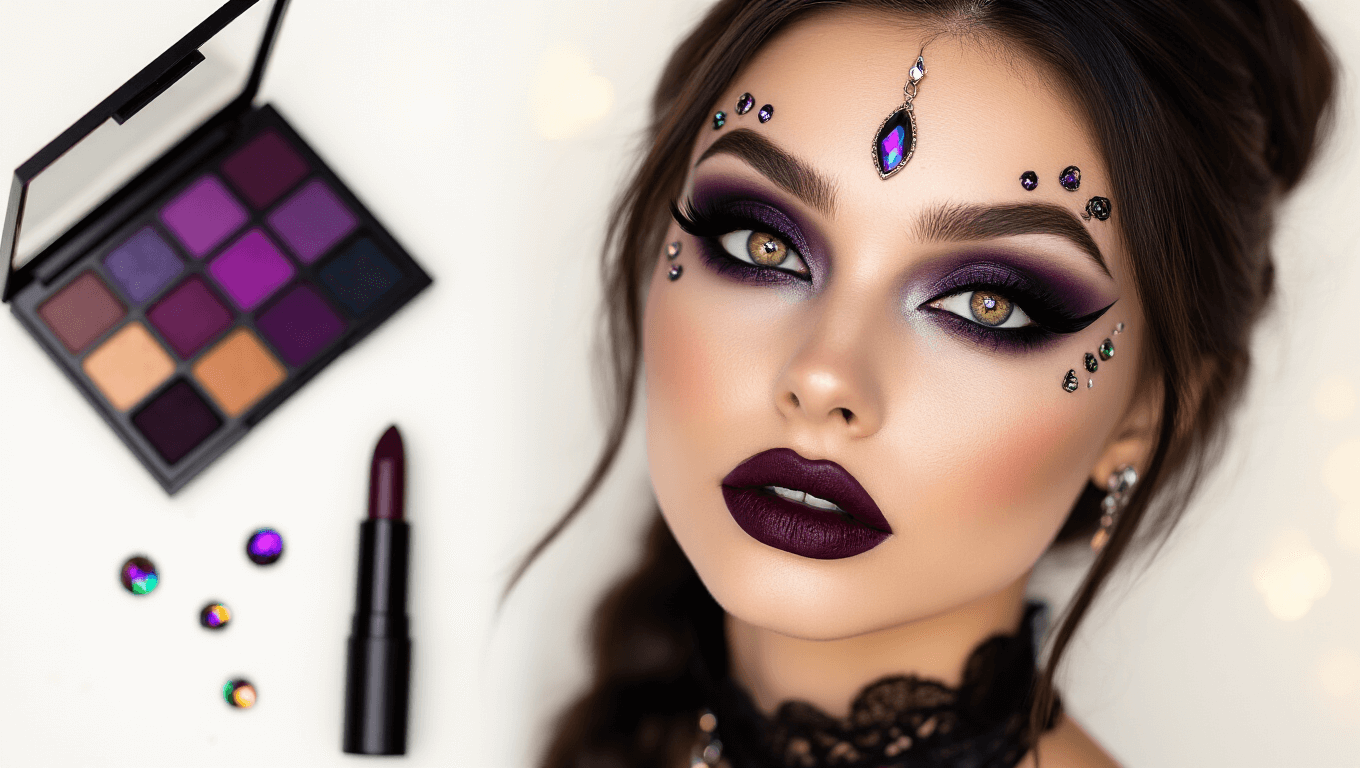 Close-up of witch cosplay makeup with smokey black and deep purple eyeshadow, bold winged eyeliner, dark burgundy lips, and mystical face gems on a clean white background, featuring warm golden lighting. Includes black lipstick tube, purple eyeshadow palette, and scattered iridescent gems.