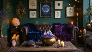 25 Enchanting Witchy Home Decor Ideas A moody witchy living room featuring emerald walls, a vintage leather chesterfield adorned with blue and plum velvet throws, a coffee table with a brass cauldron filled with amethyst crystals, framed botanical prints, ambient lighting from candles and string lights, and rich textures of pillows and tapestries.