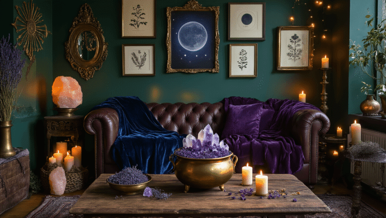 A moody witchy living room featuring emerald walls, a vintage leather chesterfield adorned with blue and plum velvet throws, a coffee table with a brass cauldron filled with amethyst crystals, framed botanical prints, ambient lighting from candles and string lights, and rich textures of pillows and tapestries.
