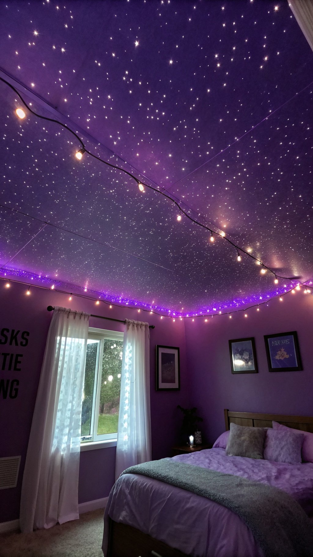 A cozy bedroom with a starry purple ceiling and fairy lights, creating a magical atmosphere.