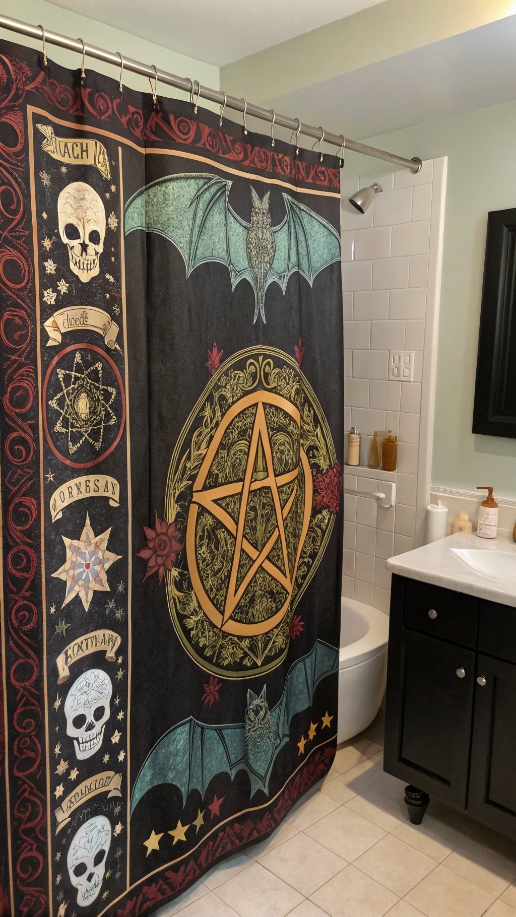 23 Stunning Gothic Witchy Bathroom Ideas for a Spellbinding Space A gothic shower curtain featuring skulls, bats, and a pentagram design.